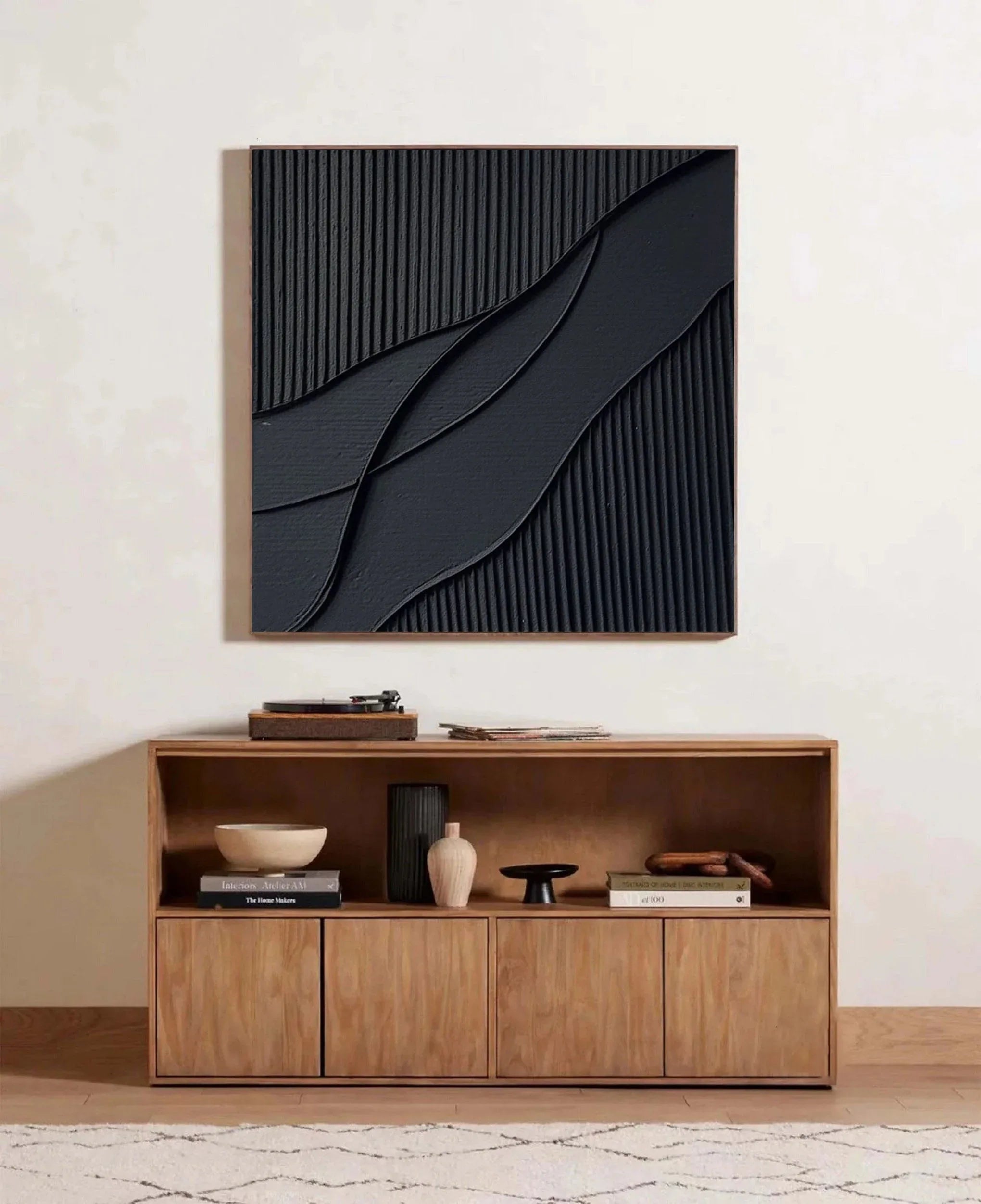 Ripple in Shadow -Black Geometric Curves and Texture Abstract Wall Art#WB11003