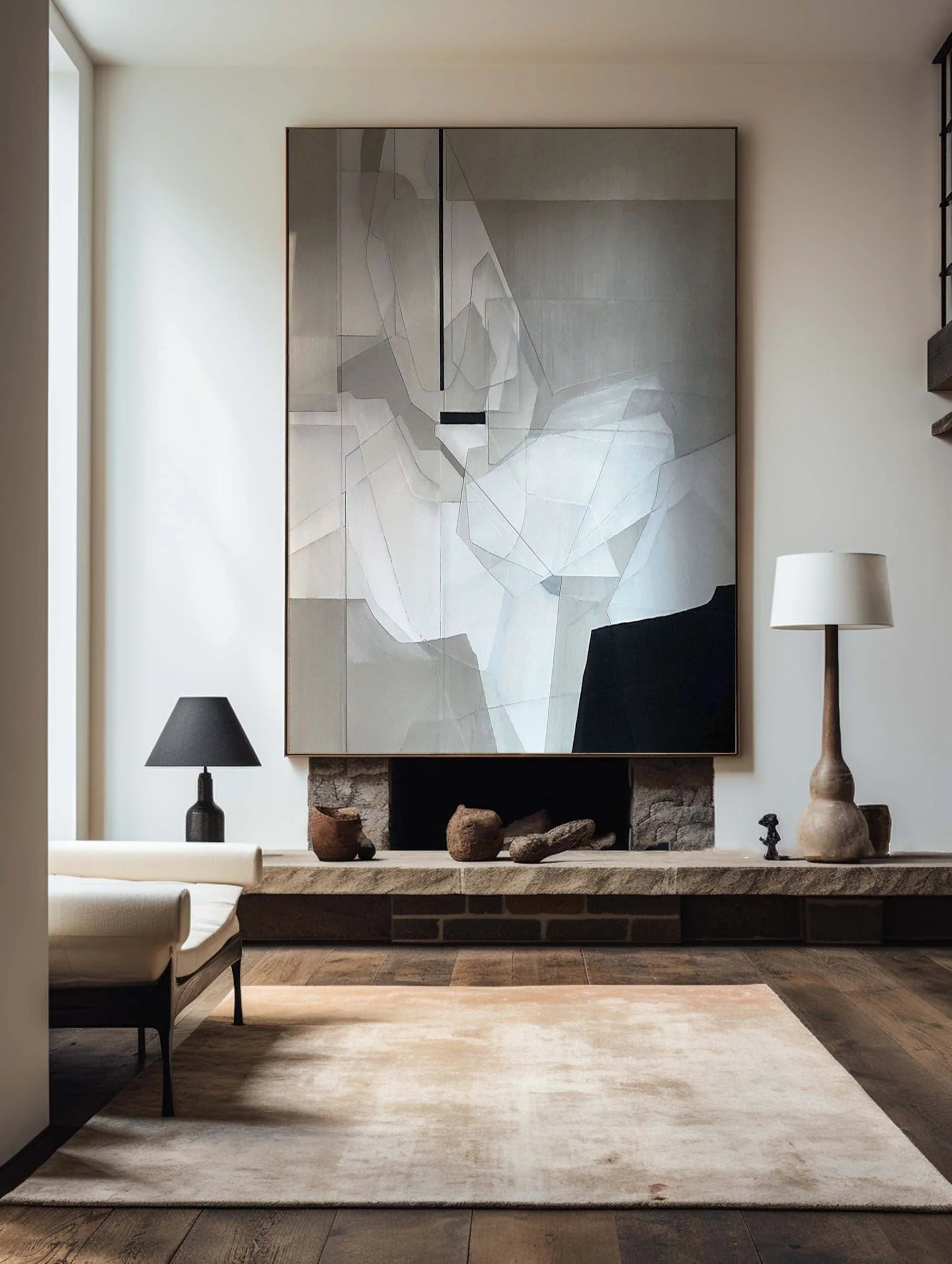 Fragmented Vision-Black, White, and Gray Geometric Deconstruction of Abstract Wall Art