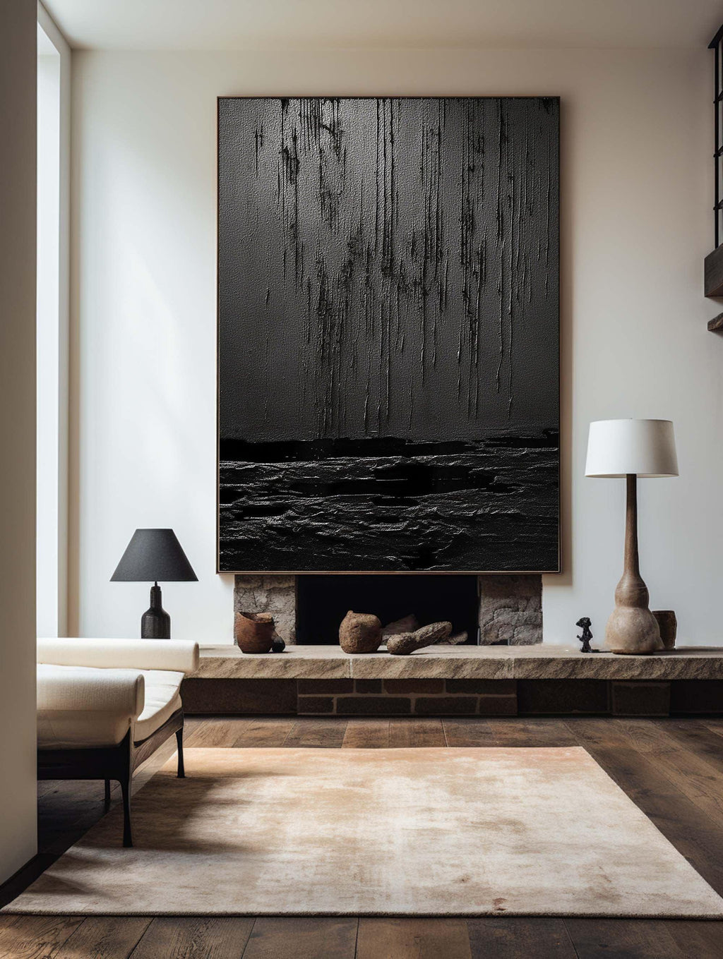 Midnight Echoes-Hand Drawn Pure Black Drip Texture Wall Art
