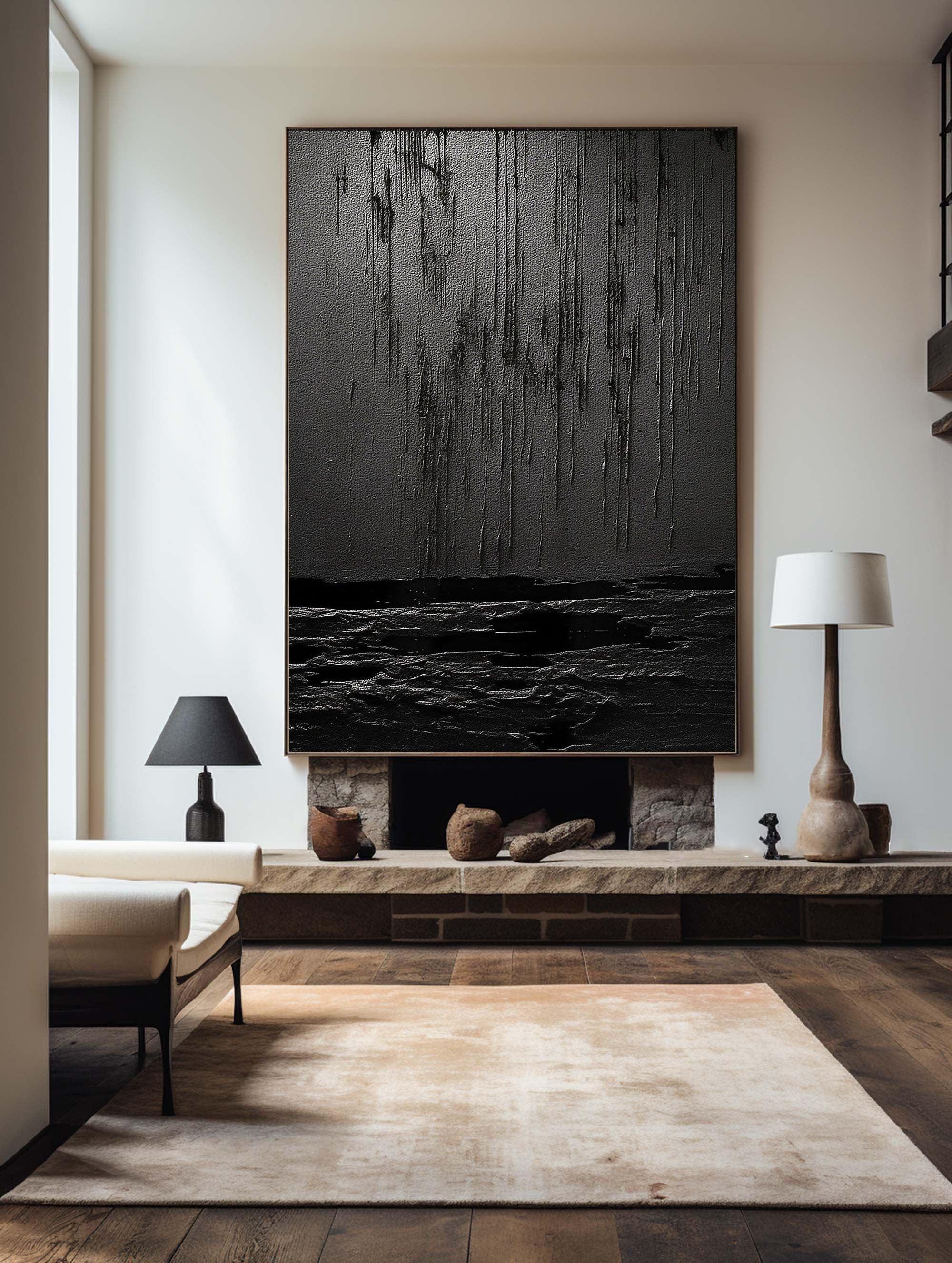 Midnight Echoes-Hand Drawn Pure Black Drip Texture Wall Art