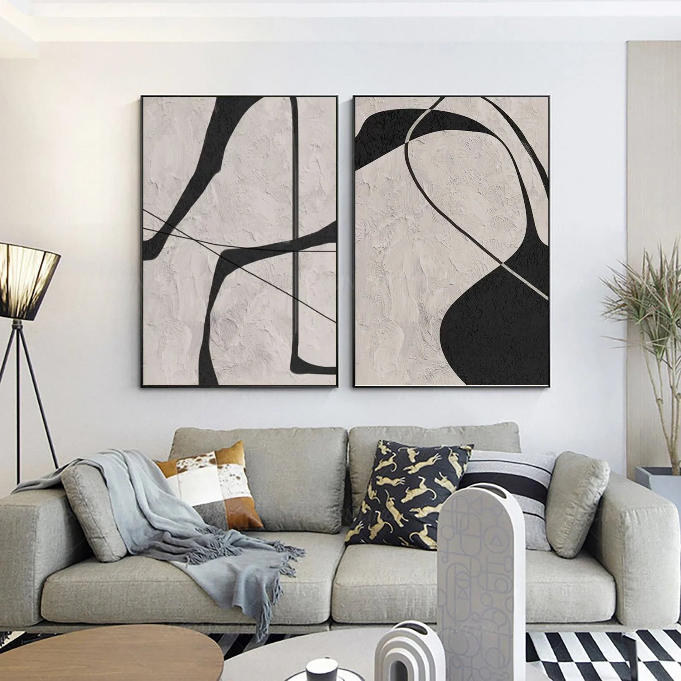Balanced Curvature SET OF 2 - Modern Interior Minimalist Geometric Lines Wabi Sabi Style Vertical Wall Art
