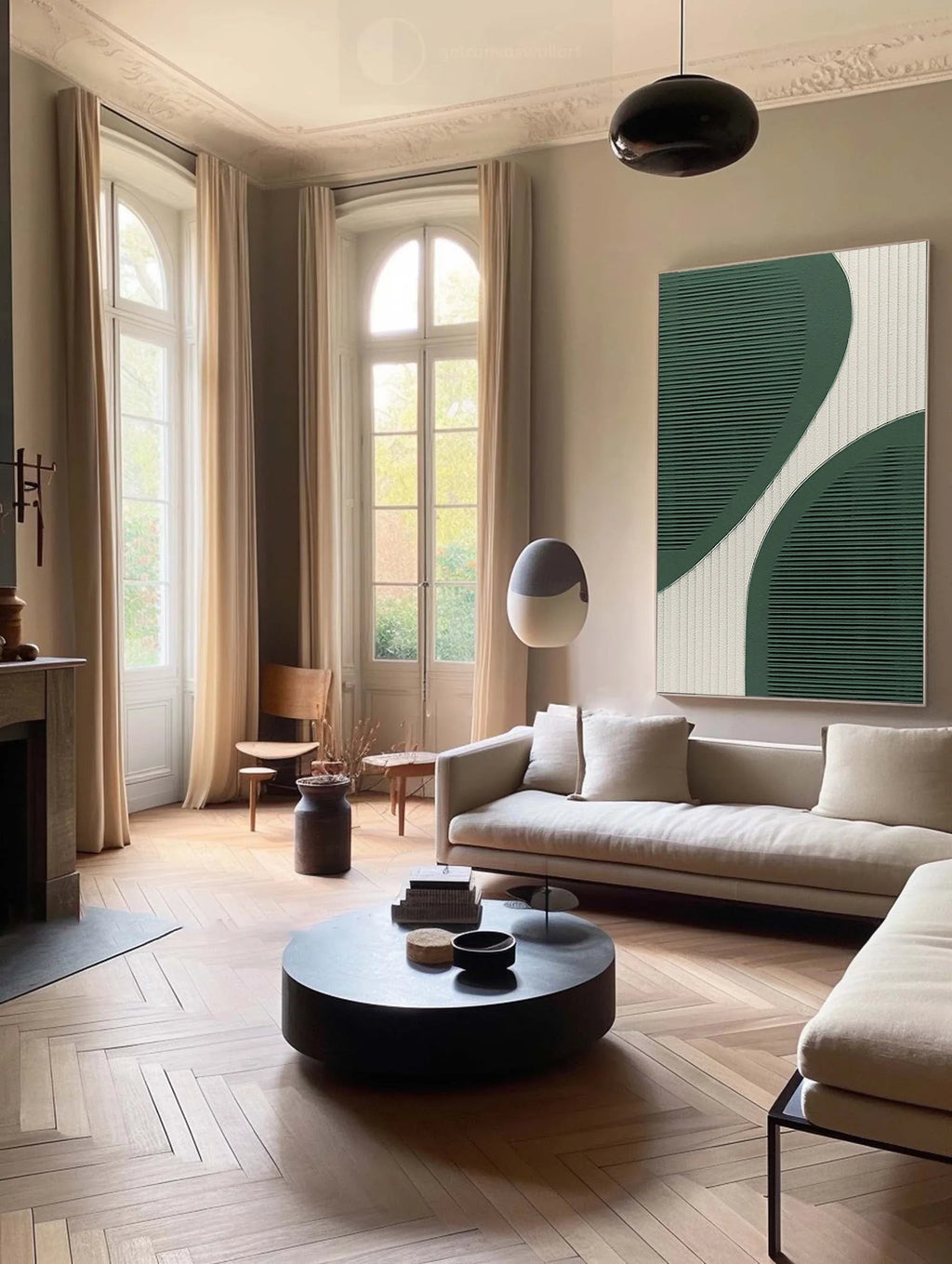 Curved Harmony-Modern Minimalist Green and White Curved Geometric Abstract Wall Art