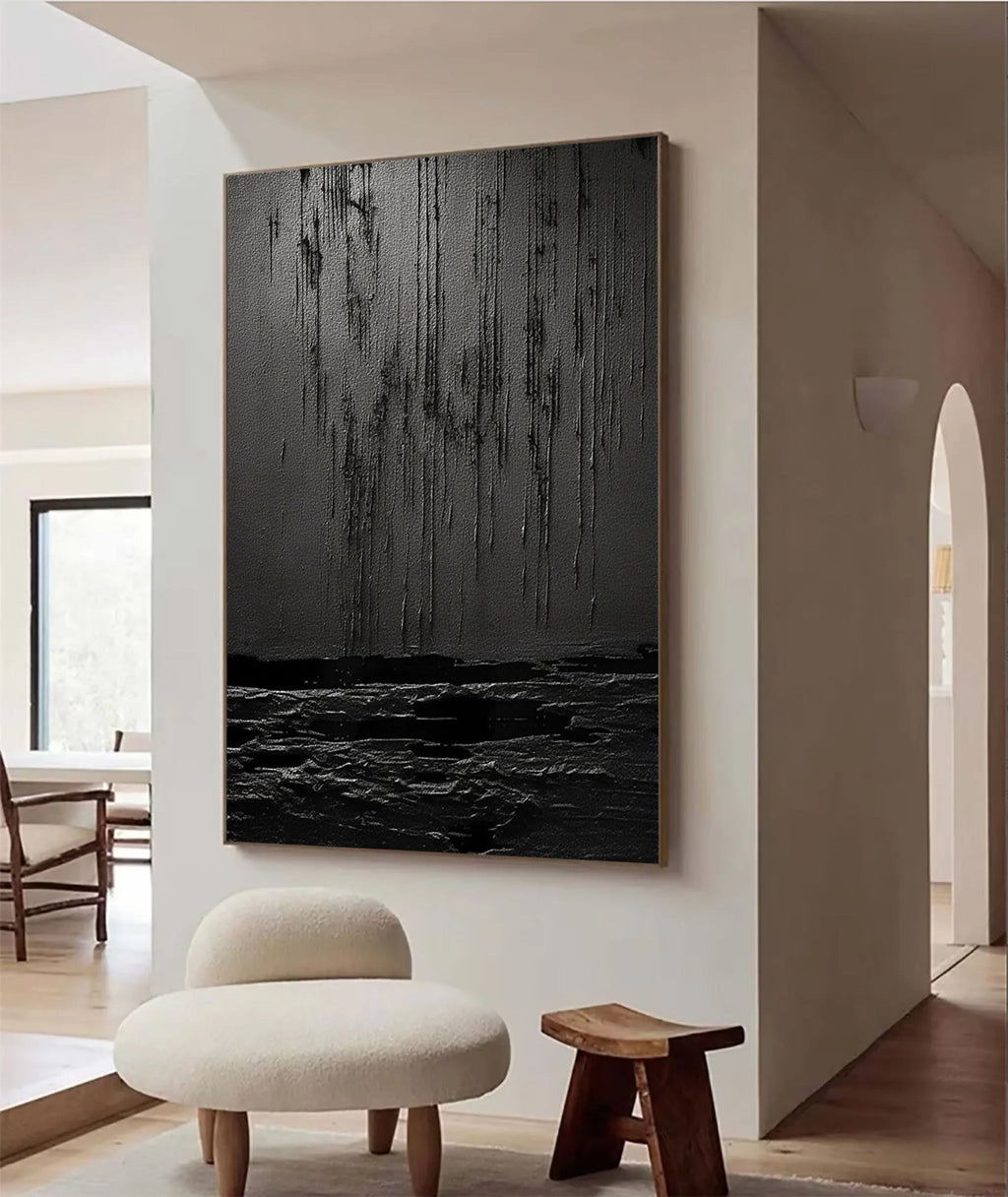 Midnight Echoes-Hand Drawn Pure Black Drip Texture Wall Art