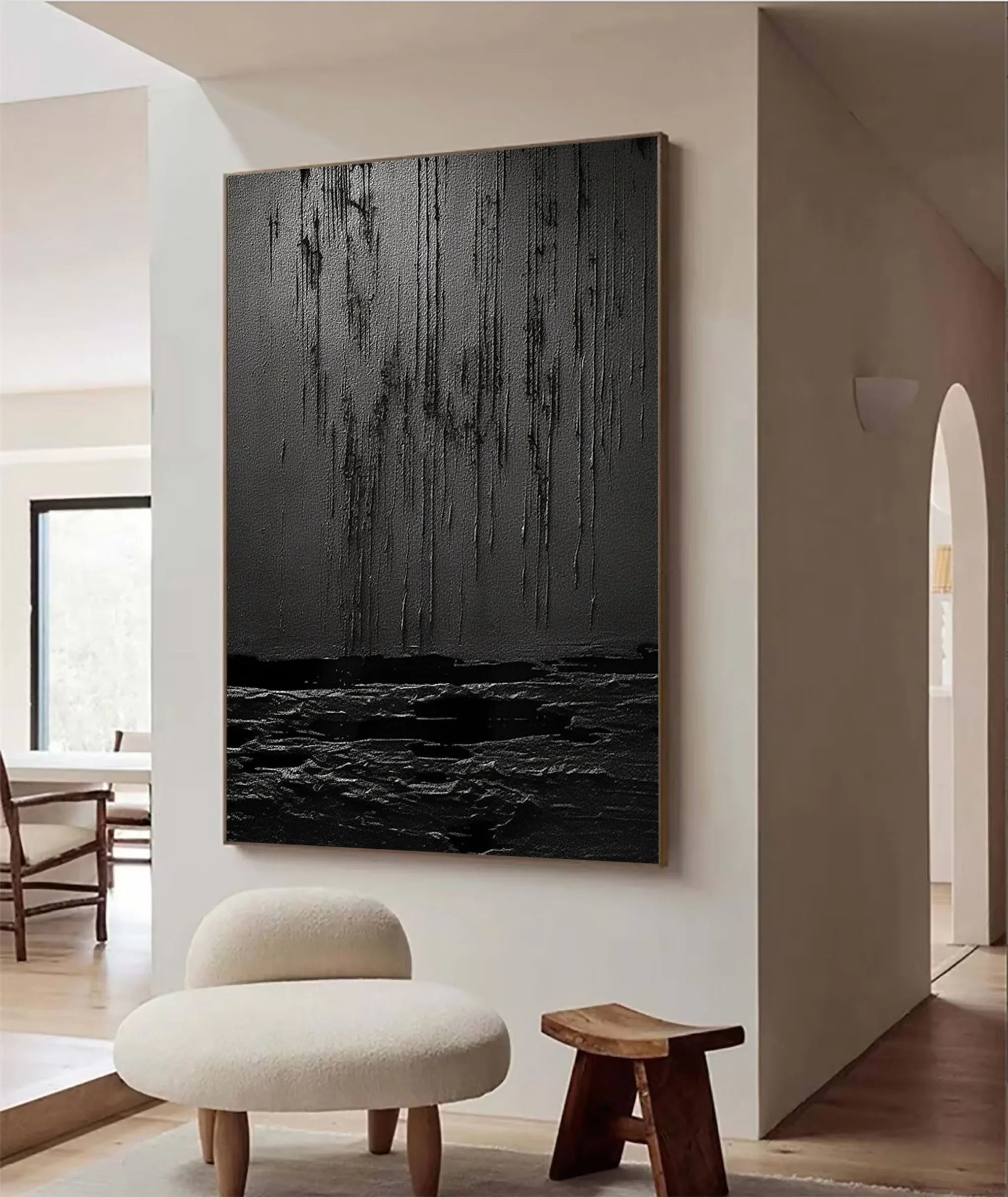 Midnight Echoes-Hand Drawn Pure Black Drip Texture Wall Art