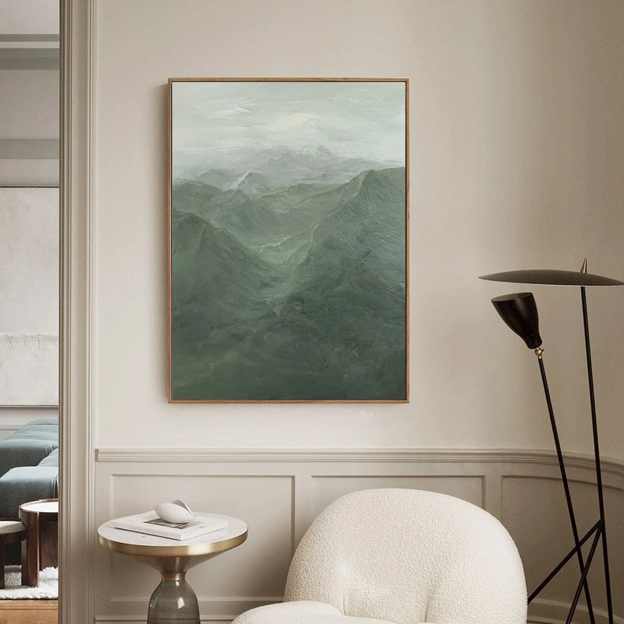 Misty Green Mountain Abstract Oil Painting - Tranquil Wall Art