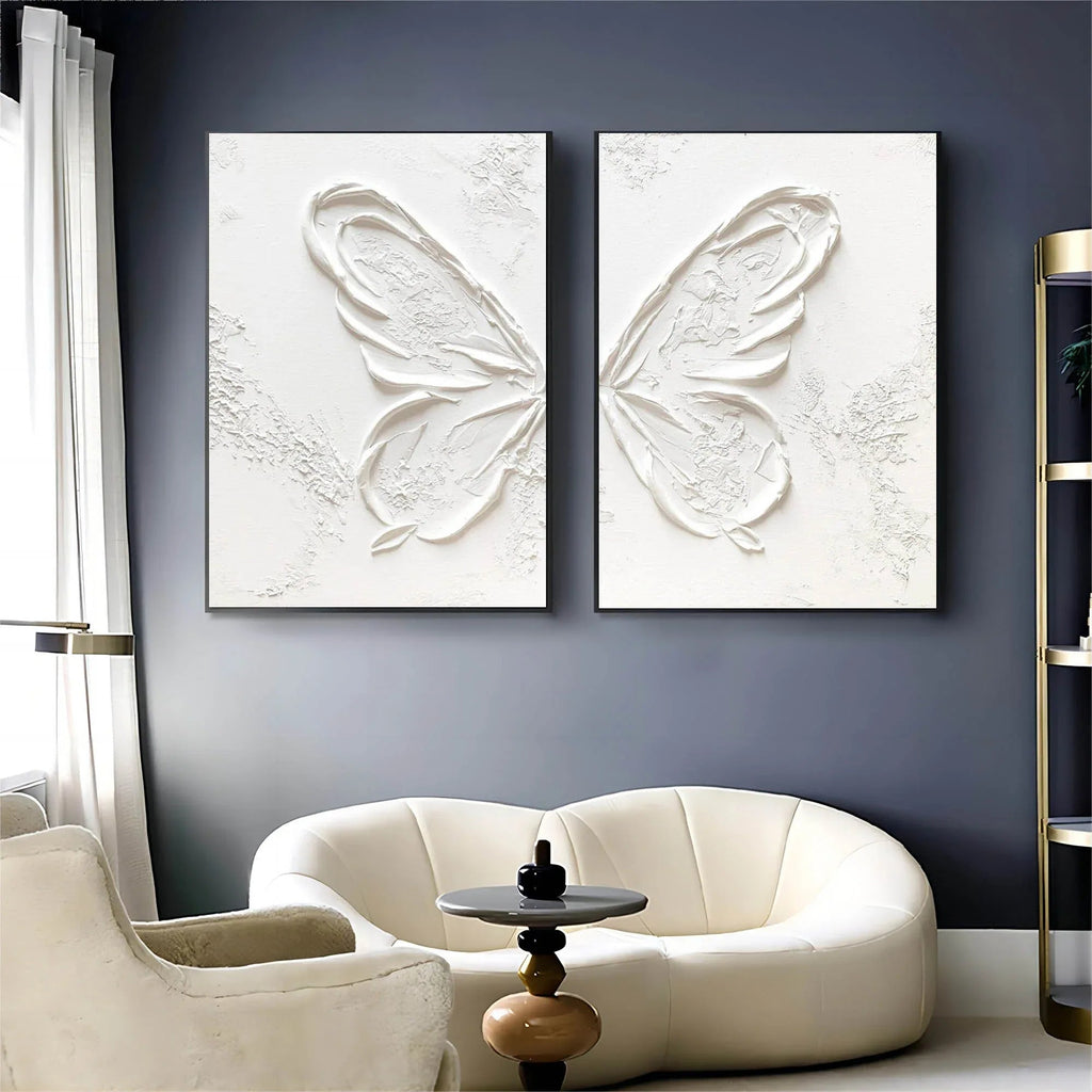 Ethereal Butterfly Diptych Set Of 2-Symmetrical Pure White Three-Dimensional Butterfly Minimalist Abstract Wall Art