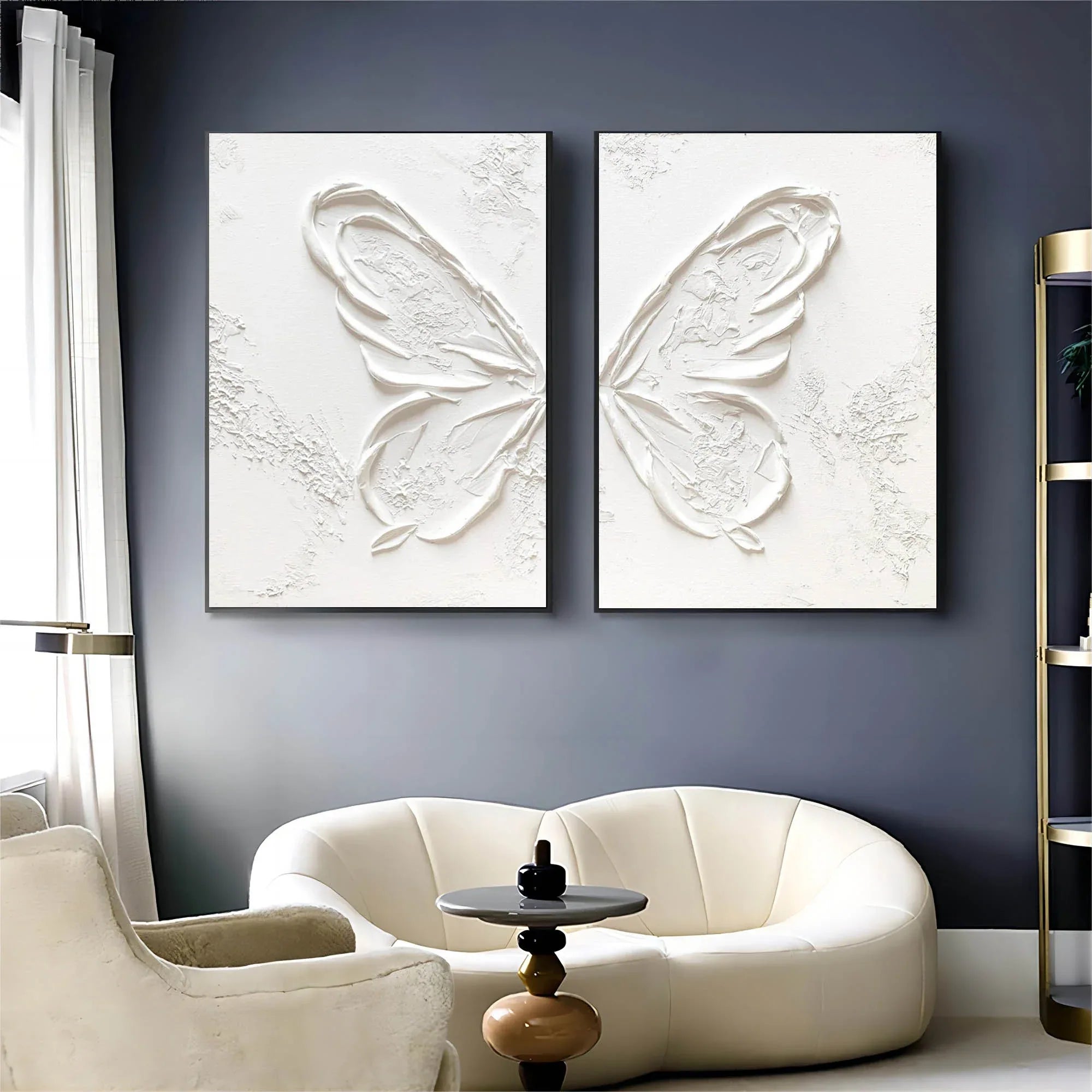 Ethereal Butterfly Diptych Set Of 2-Symmetrical Pure White Three-Dimensional Butterfly Minimalist Abstract Wall Art