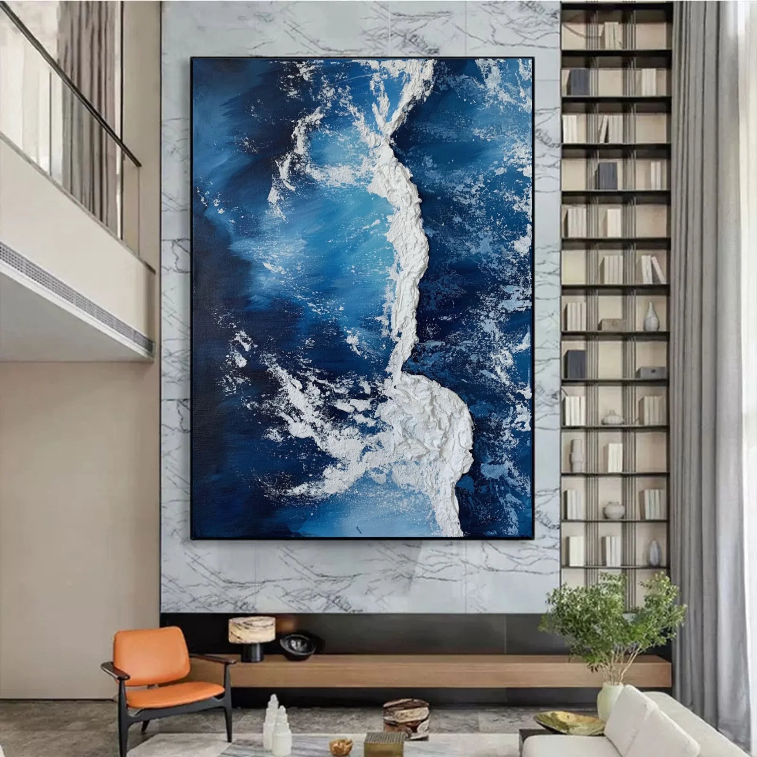 Azure Cascade Symphony-Deep Blue Stereoscopic Wave Abstract Wall Art