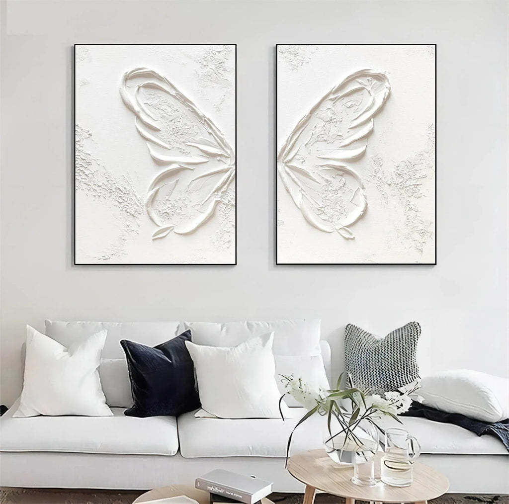 Ethereal Butterfly Diptych Set Of 2-Symmetrical Pure White Three-Dimensional Butterfly Minimalist Abstract Wall Art