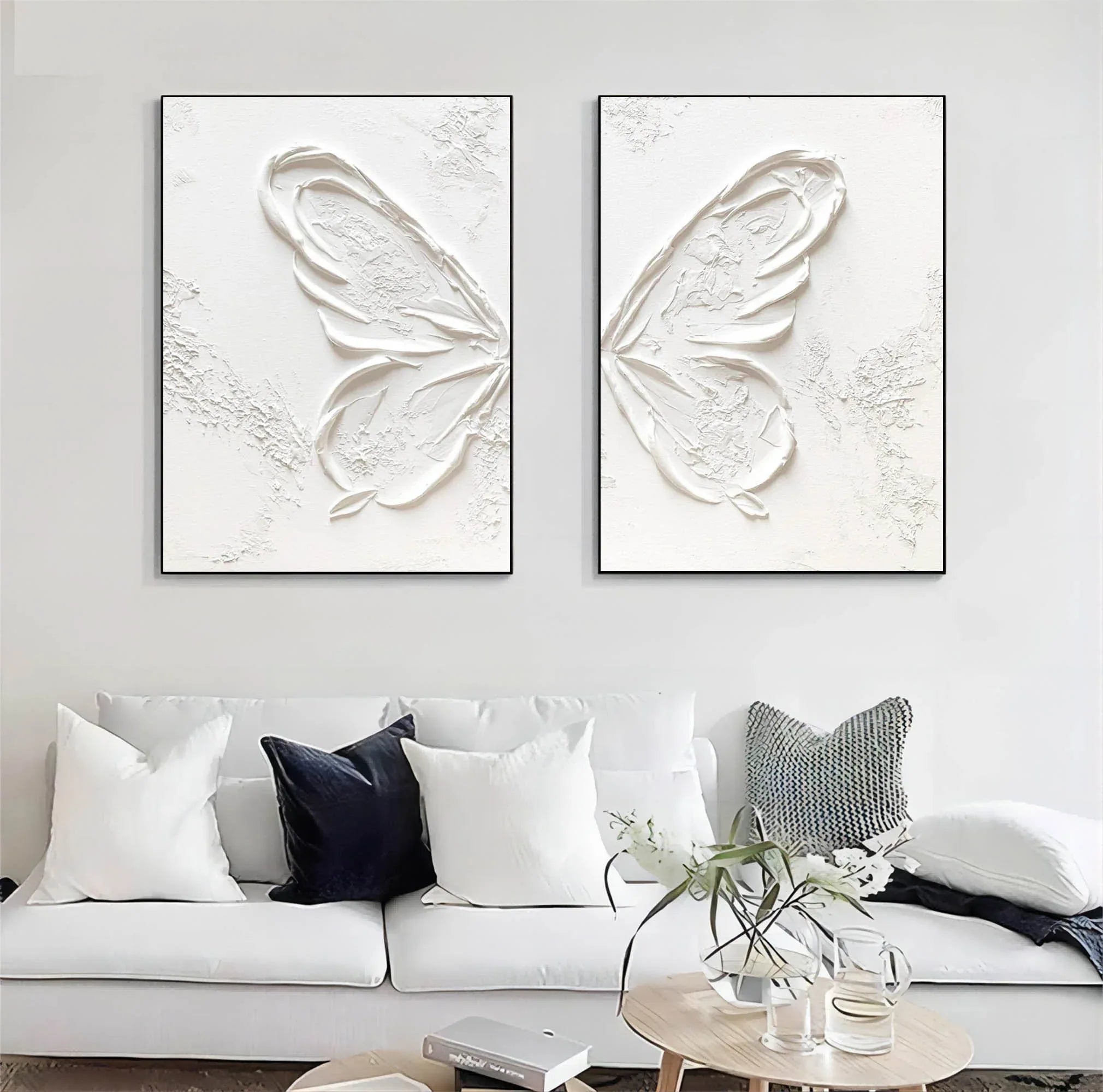 Ethereal Butterfly Diptych Set Of 2-Symmetrical Pure White Three-Dimensional Butterfly Minimalist Abstract Wall Art
