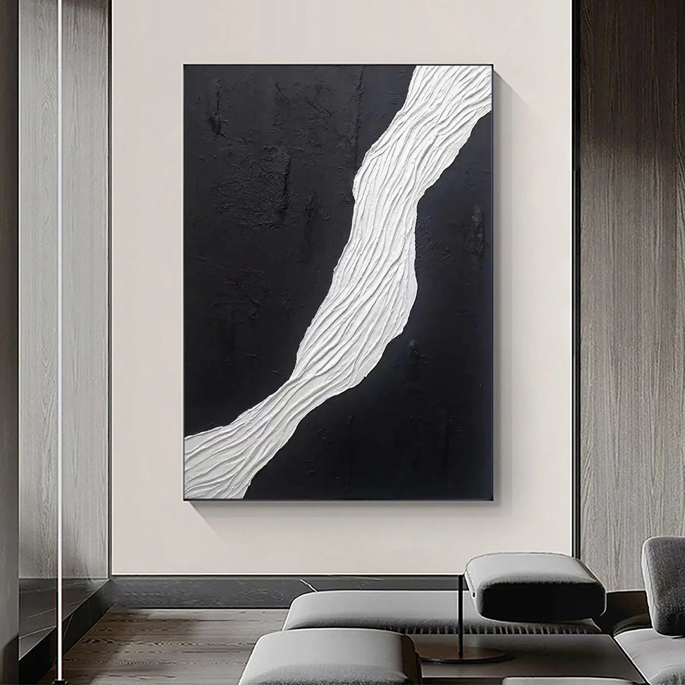 Divided Harmony-Black and White Flowing Abstract Hand-Painted Oil Painting Wall Art