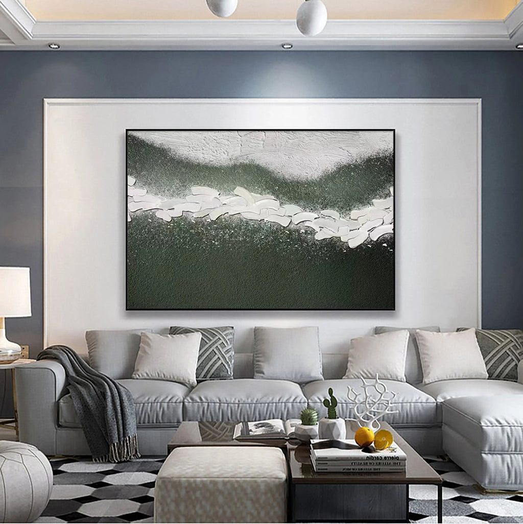 Path of Serenity-Hand Drawn Flowing Green and White Outline Abstract Texture Wall Art