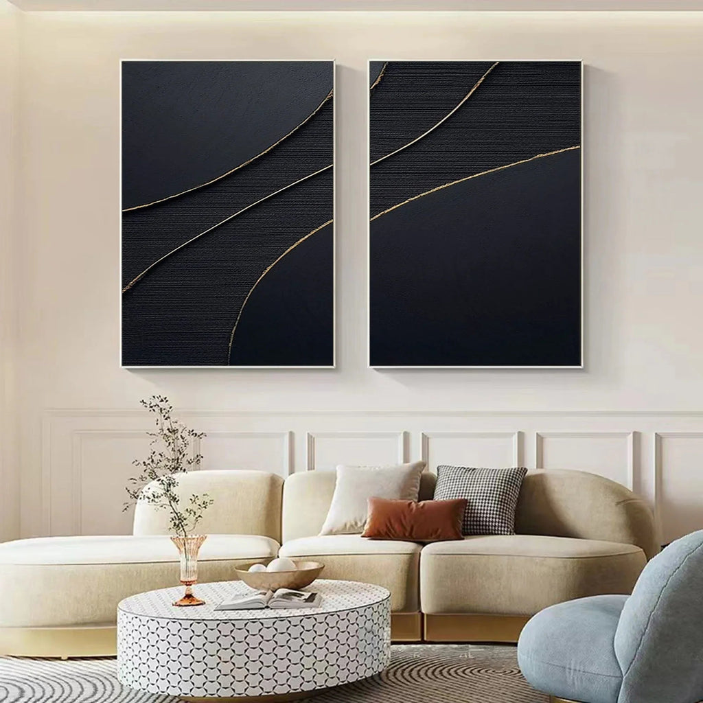 Midnight Elegance SET OF 2-Minimalist Abstract Geometric Texture Wall Art in Modern Interior Decoration