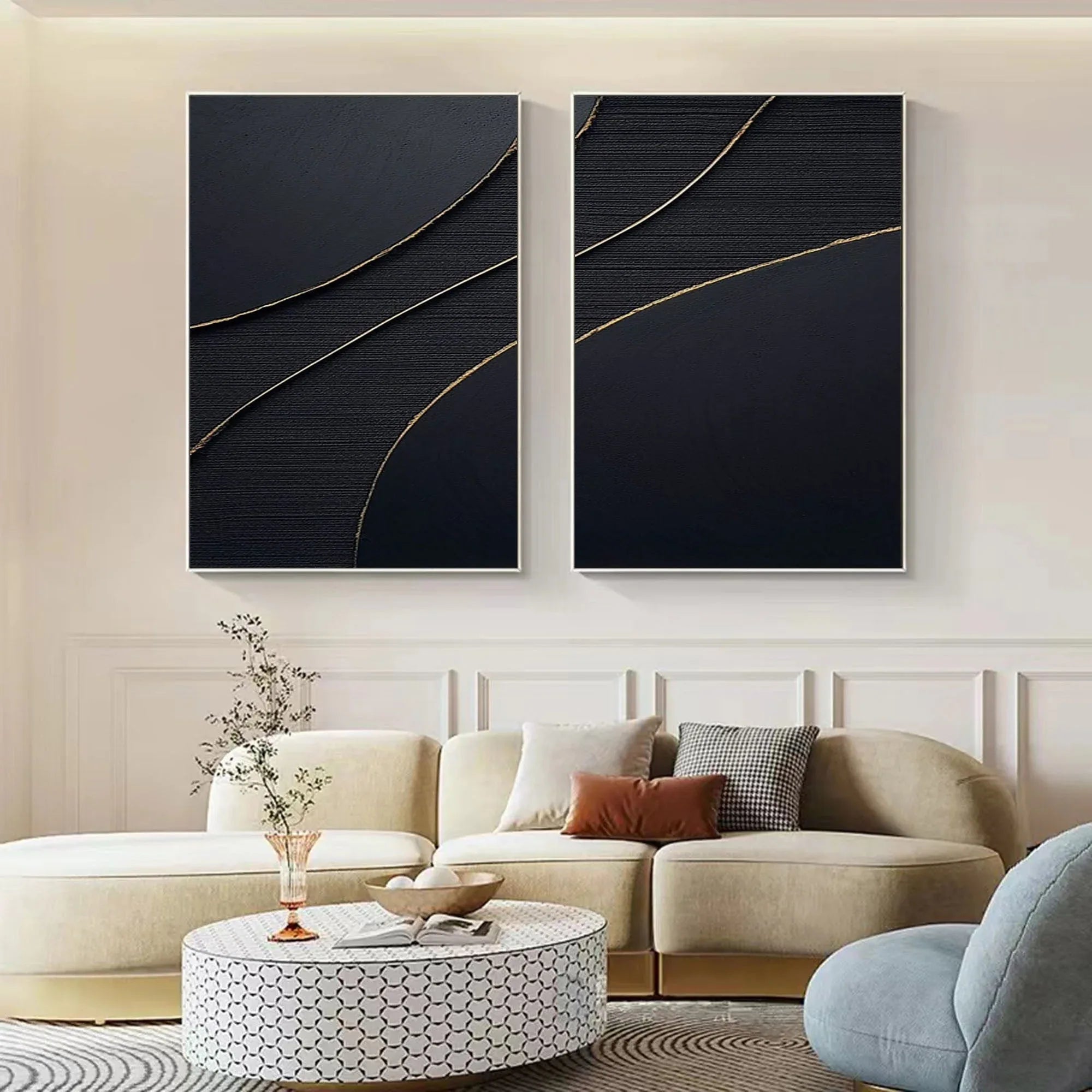 Midnight Elegance SET OF 2-Minimalist Abstract Geometric Texture Wall Art in Modern Interior Decoration