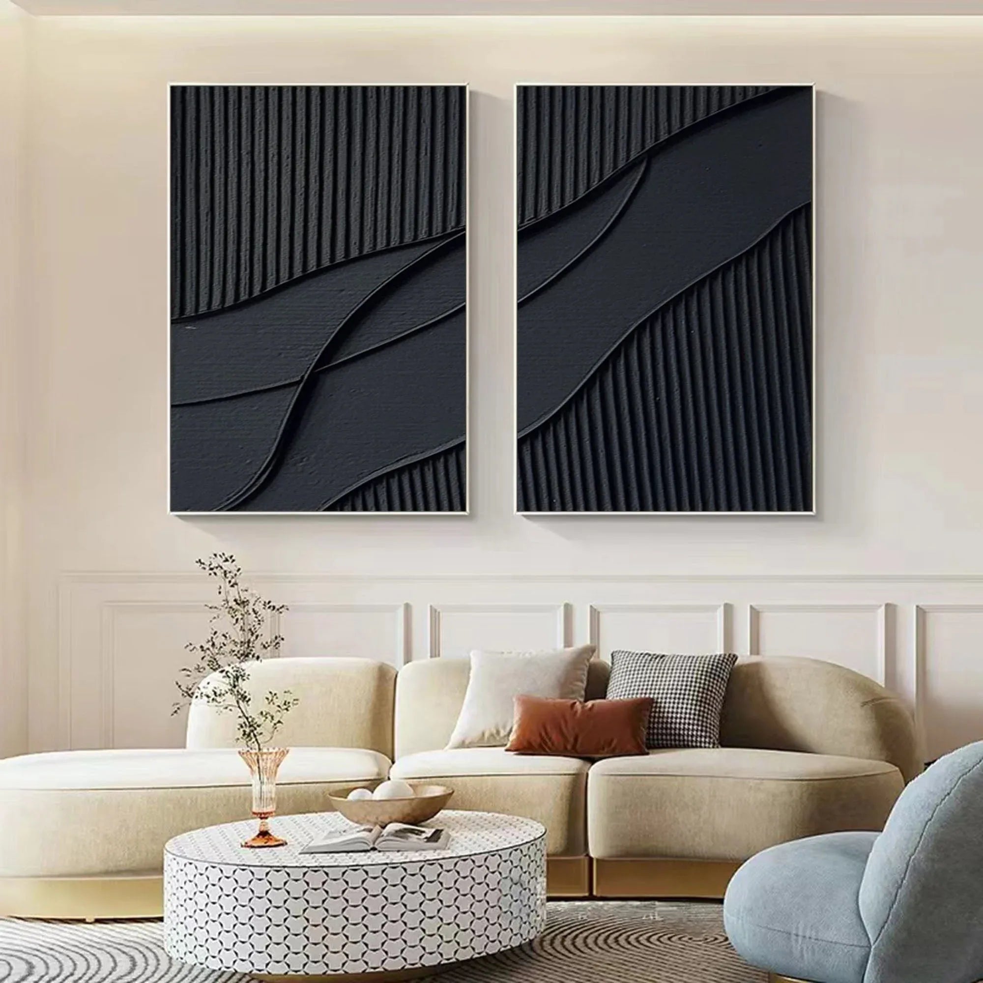 Shadow Waves Abstract Painting SET OF 2-Modern Minimalist Black Textured Abstract Wall Art