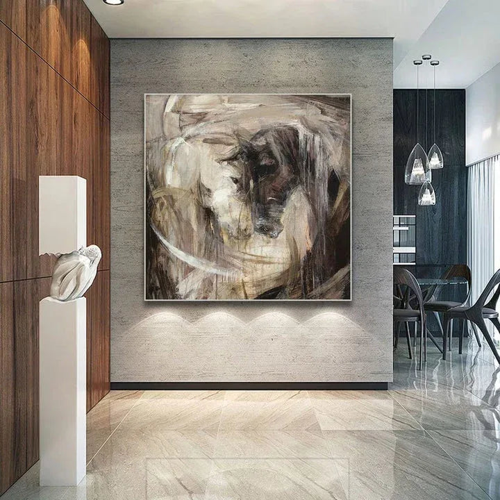 Confrontation-Hand-Painted Abstract Oil Painting Featuring a Spiritual Duel Between Two Horses, Showcasing Wall Art