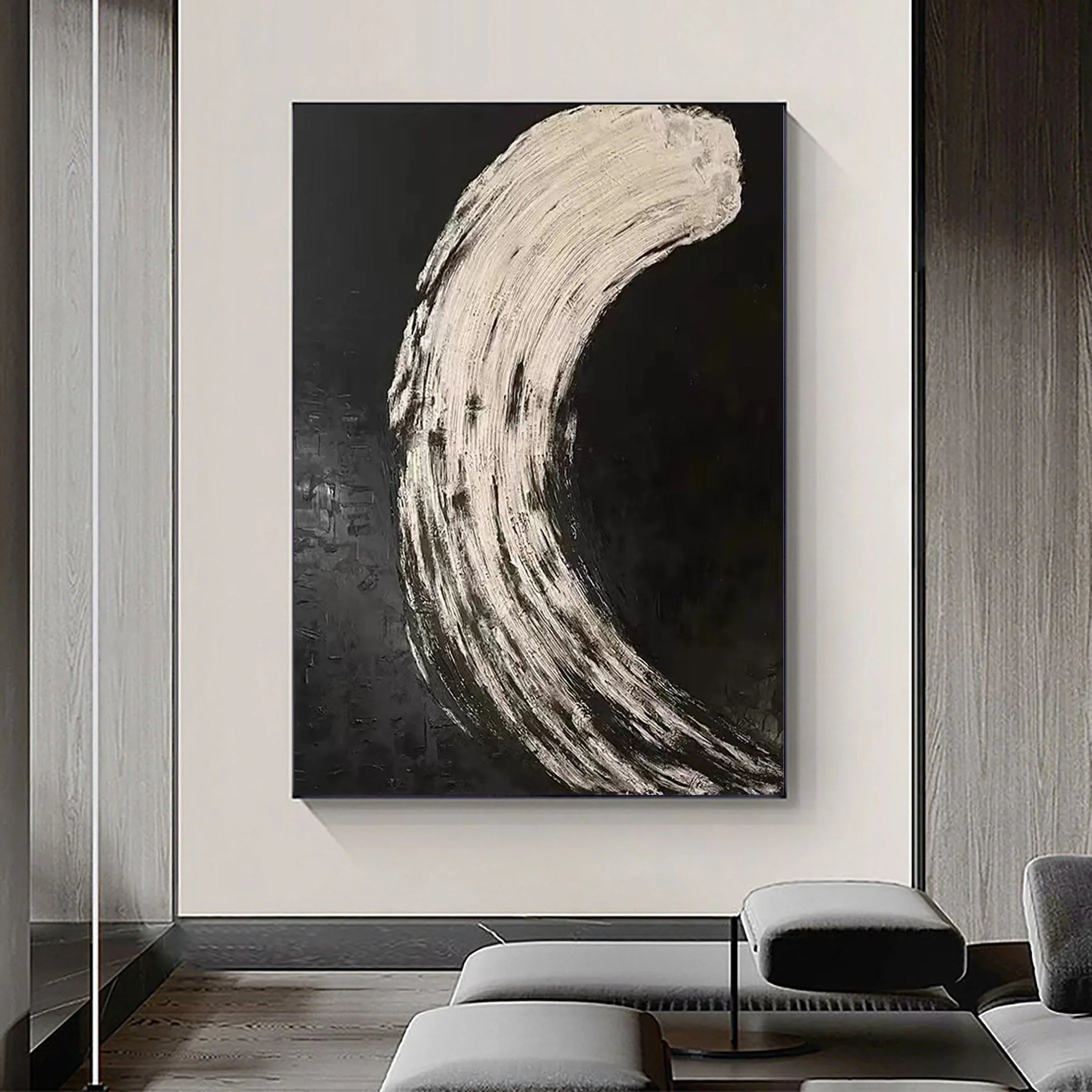Eclipse Flow-Modern Minimalist Abstract Black and White Curved Texture Wall Art