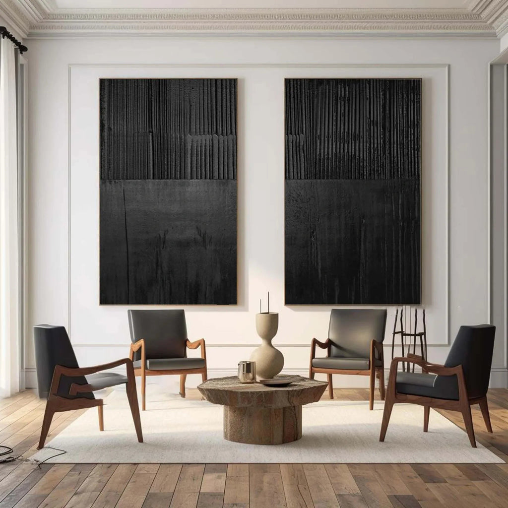 Set of Two Black Textured Abstract Wall Art - Minimalist Design