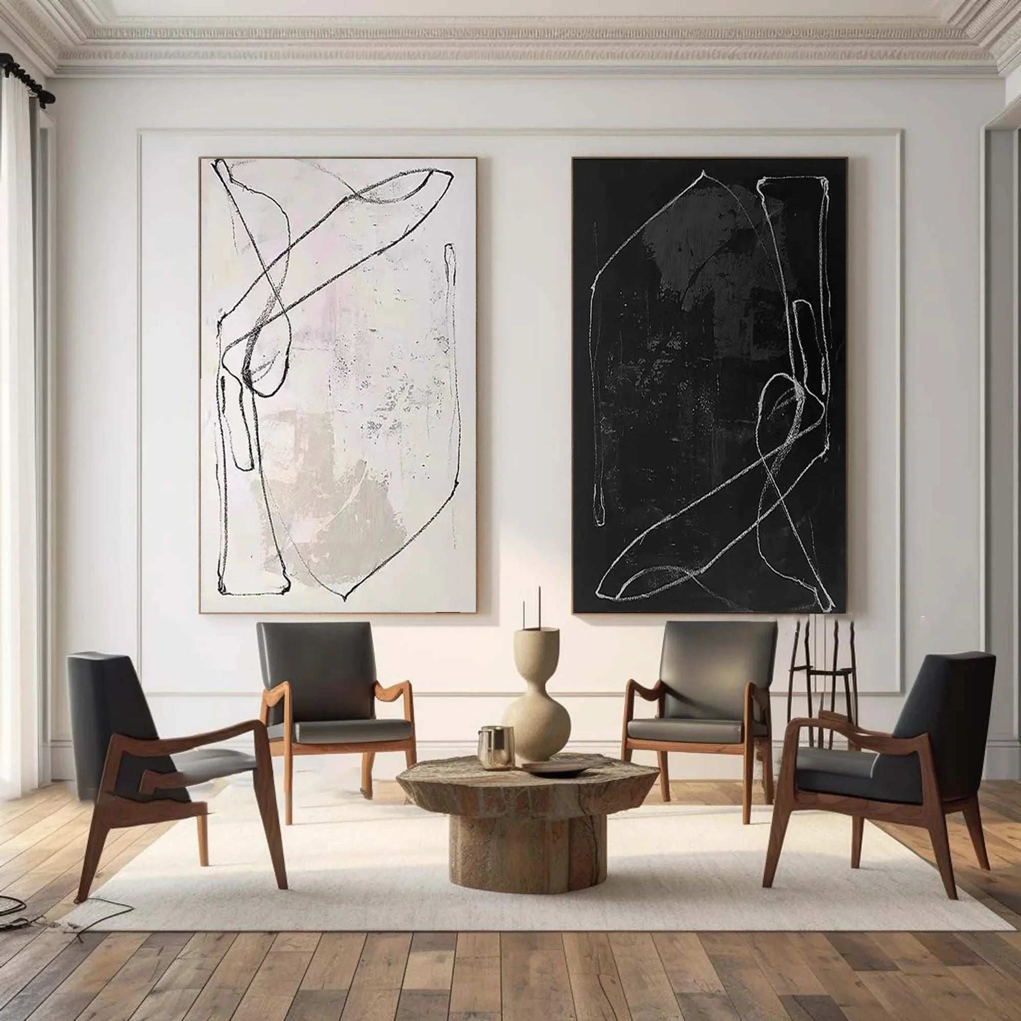 Monochrome Rhythm-Abstract Line Canvas Duo  SET OF 2