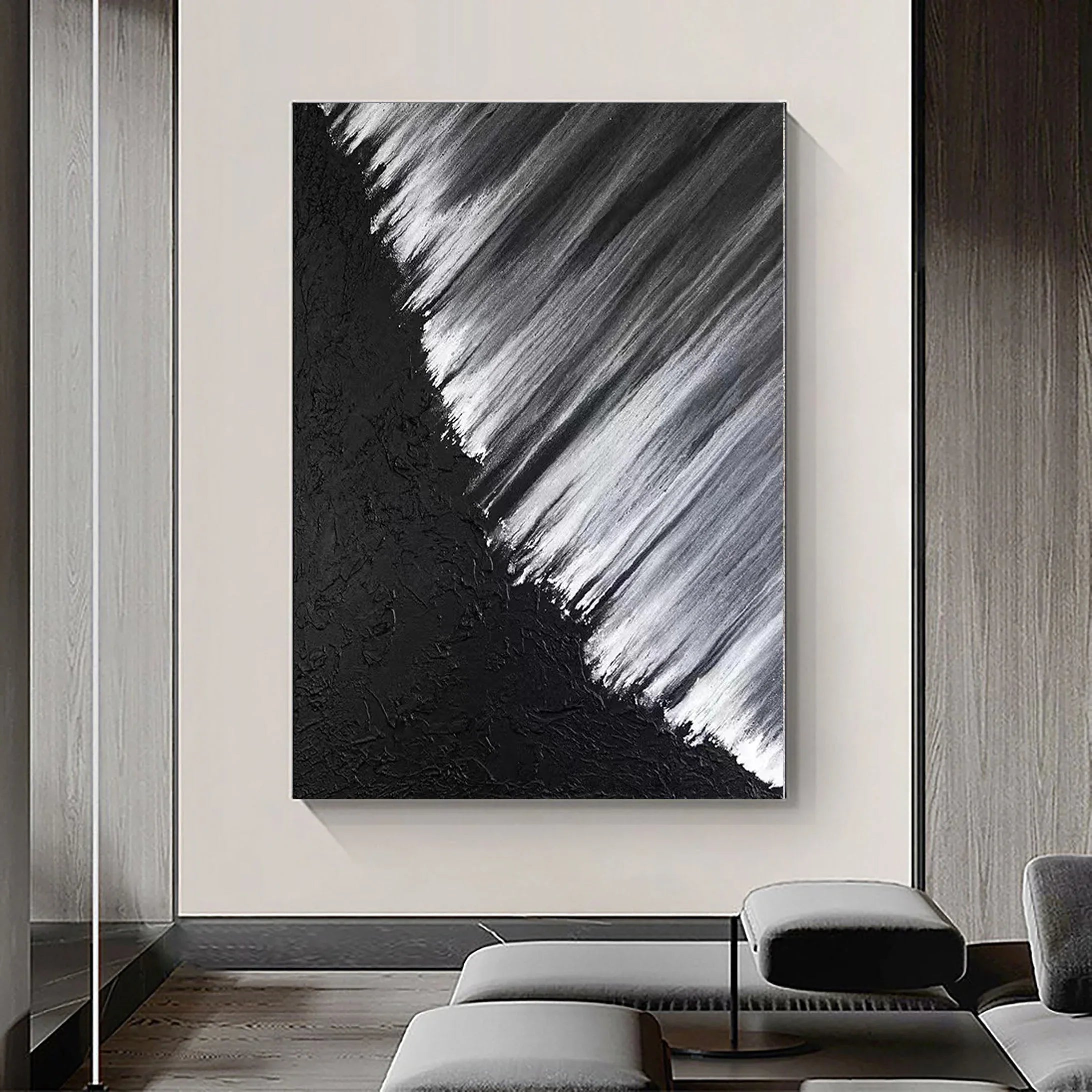 Monochrome Cascade-Hand Drawn Black and White Oblique Texture Abstract Wall Art
