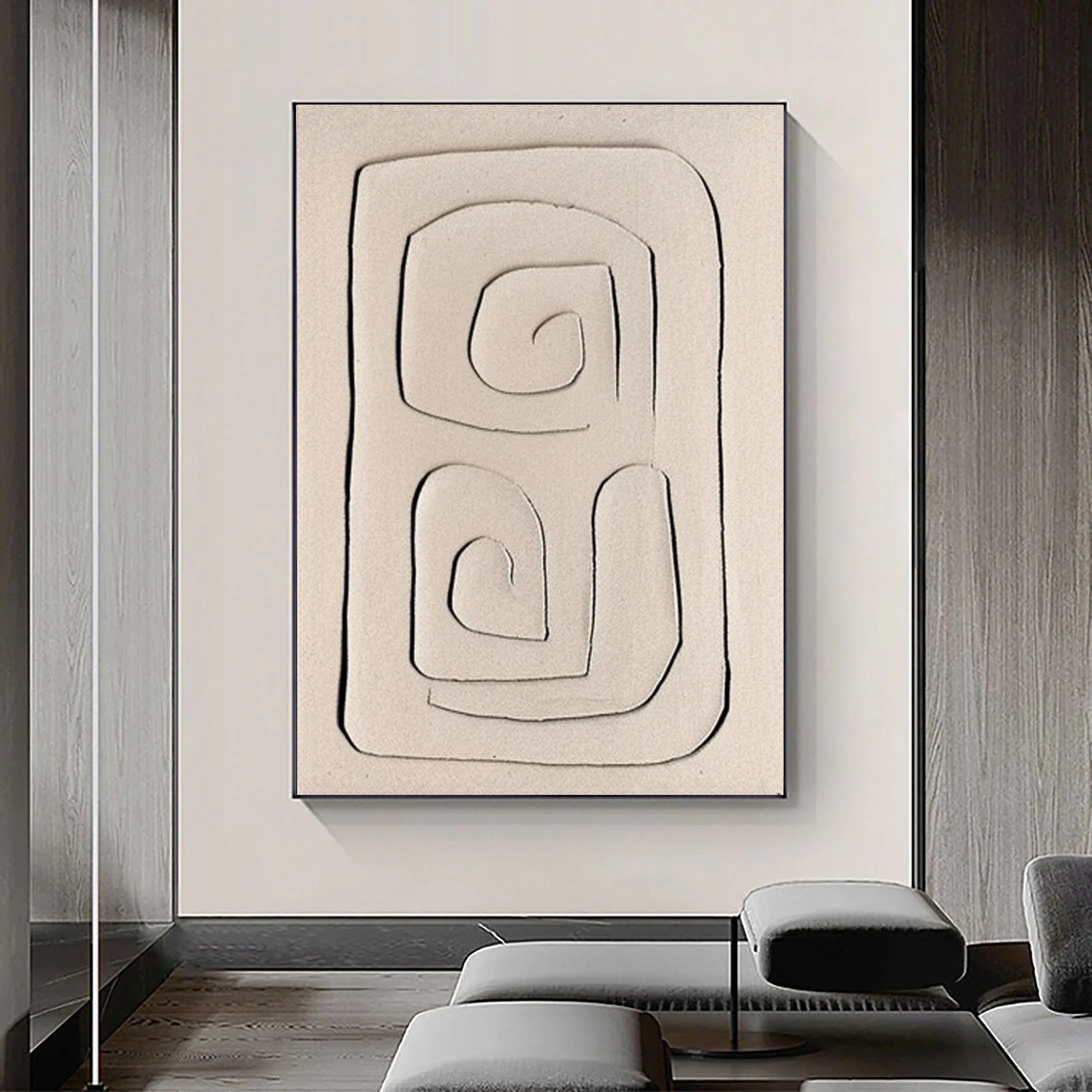 Mono Swirl Block-Wabi Sabi Abstract Wall Art with Spiral Minimalist Texture