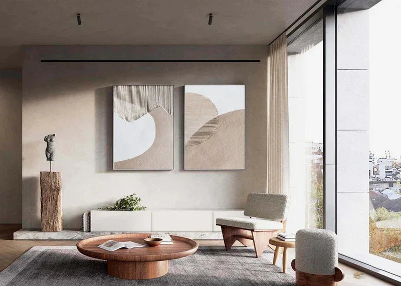 Duo of Curved Textures-Abstract Minimalist Dual Canvas Set with Textured Design SET OF 2