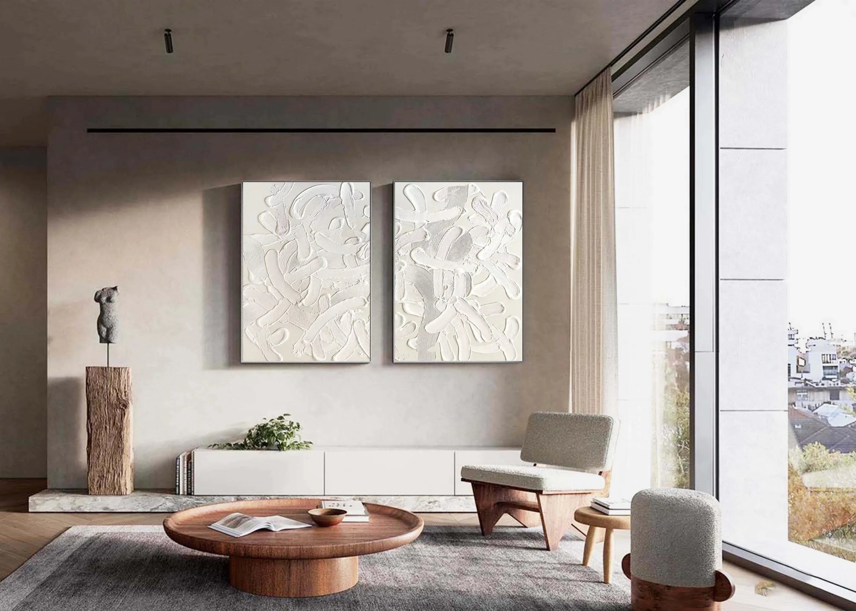 Abstract Tranquility Painting SET OF 2 -Hand-Painted White Tone Thickly Applied Texture Wabi-Sabi Style Wall Art