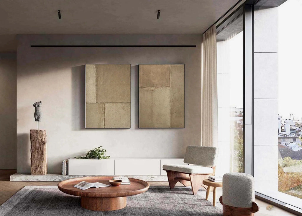 Rustic Harmony-Modern Hand Painted Geometric Light Brown Diptych Abstract Wall Art