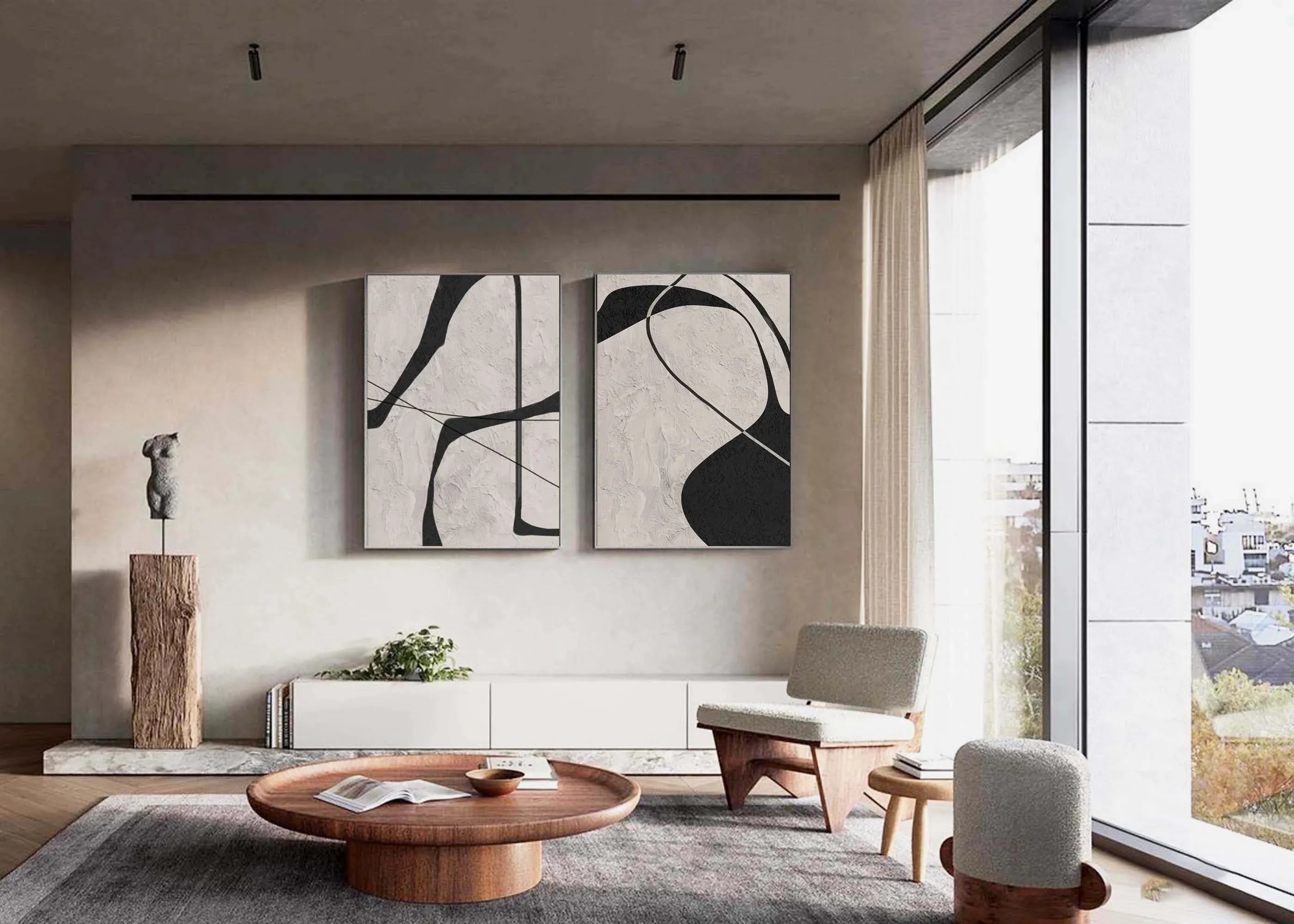 Balanced Curvature SET OF 2 - Modern Interior Minimalist Geometric Lines Wabi Sabi Style Vertical Wall Art