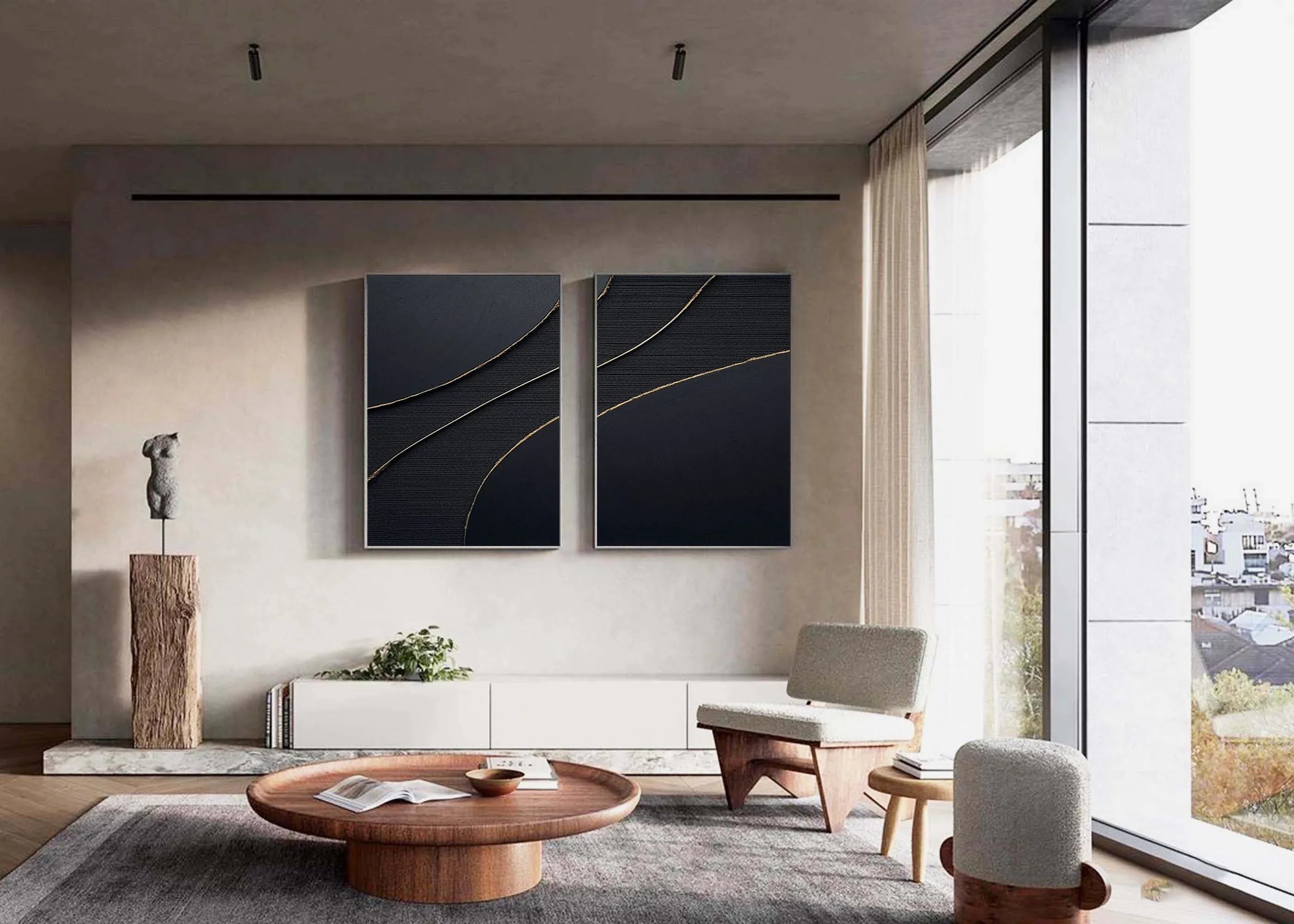 Midnight Elegance SET OF 2-Minimalist Abstract Geometric Texture Wall Art in Modern Interior Decoration