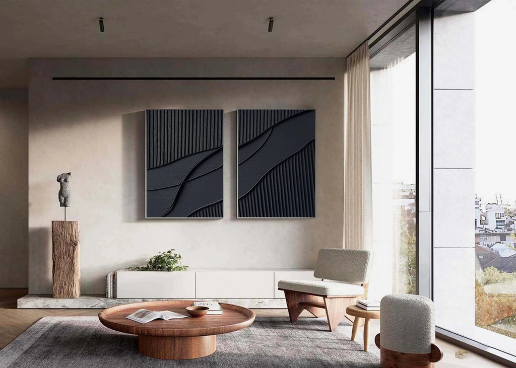 Shadow Waves Abstract Painting SET OF 2-Modern Minimalist Black Textured Abstract Wall Art