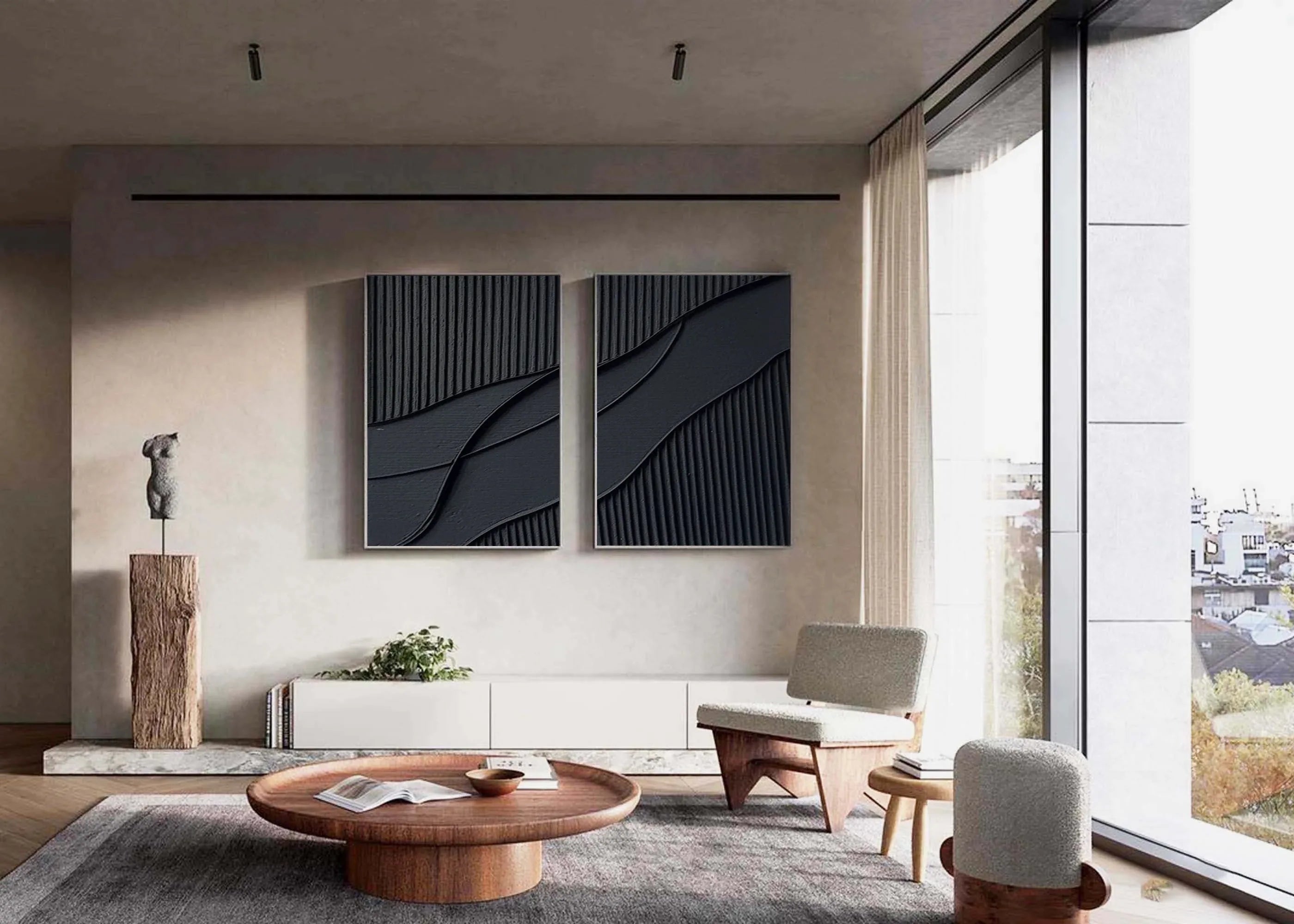 Shadow Waves Abstract Painting SET OF 2-Modern Minimalist Black Textured Abstract Wall Art