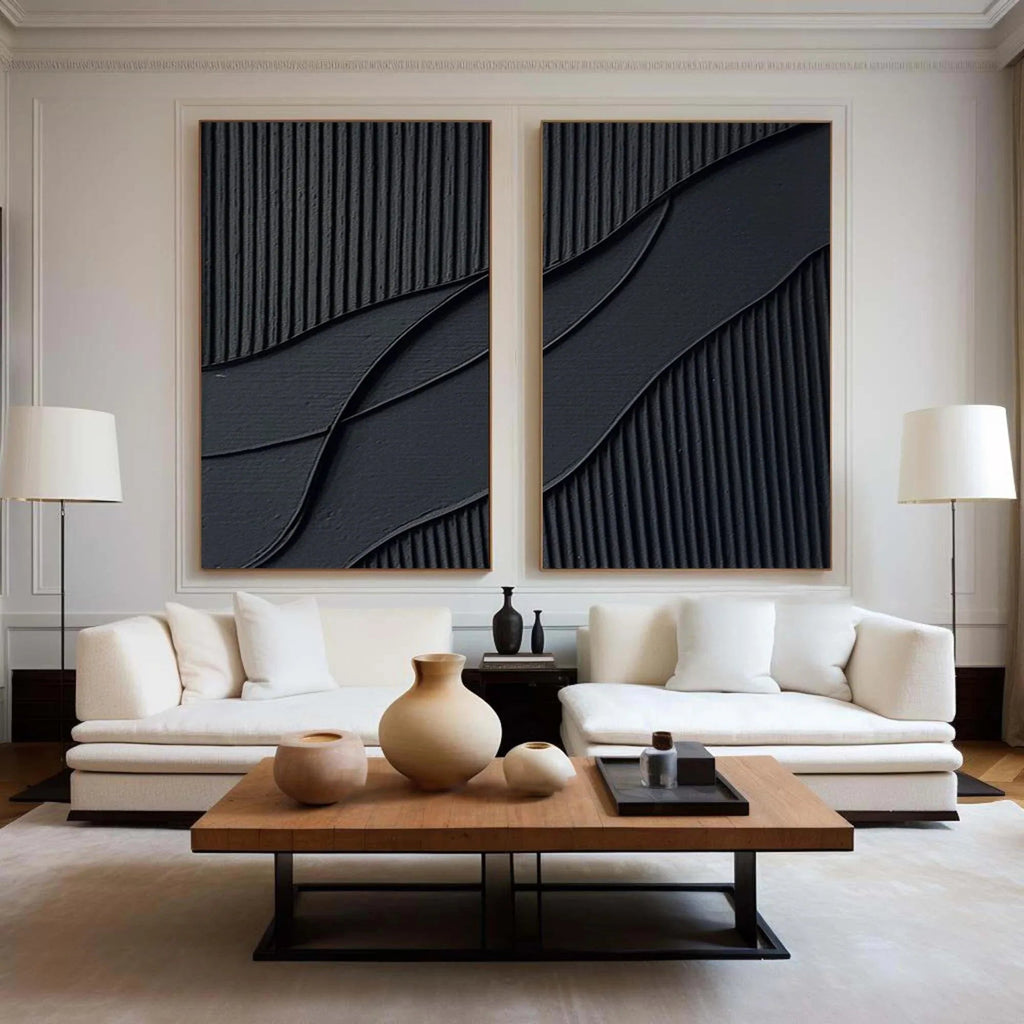 Shadow Waves Abstract Painting SET OF 2-Modern Minimalist Black Textured Abstract Wall Art