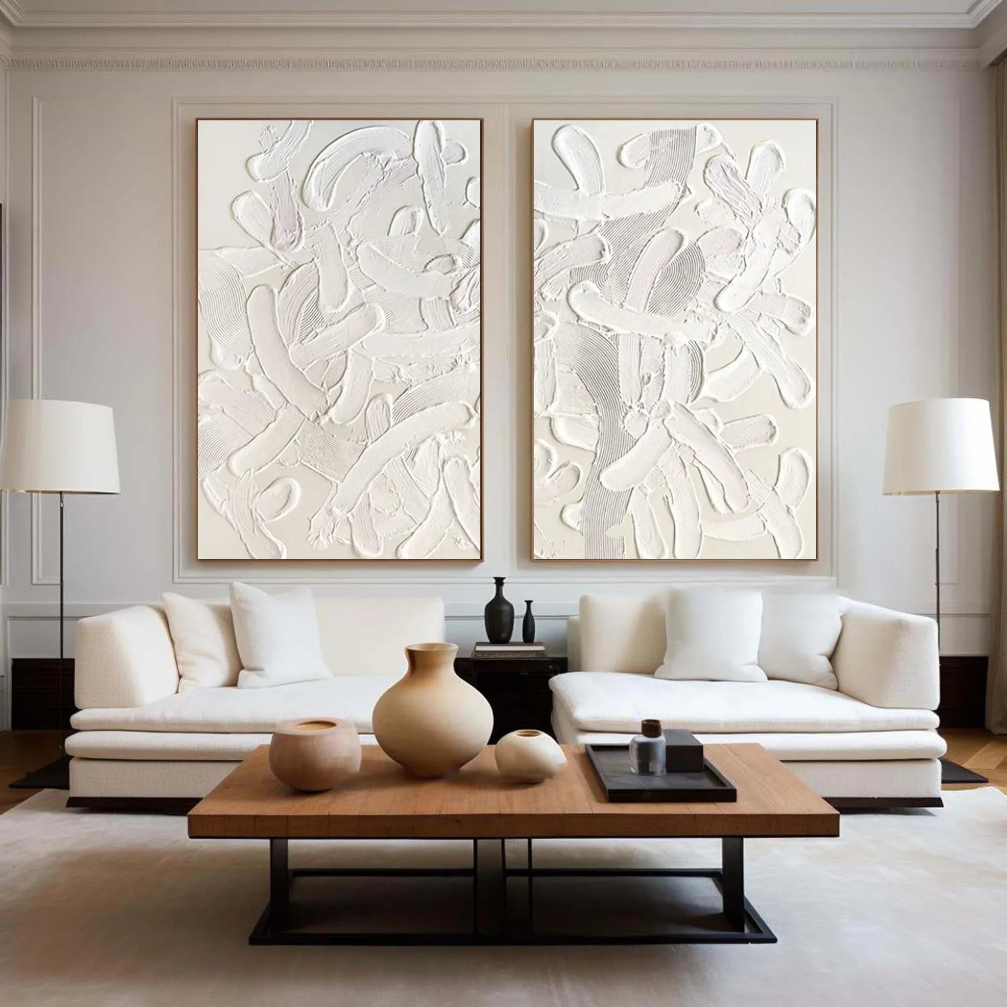 Abstract Tranquility Painting SET OF 2 -Hand-Painted White Tone Thickly Applied Texture Wabi-Sabi Style Wall Art