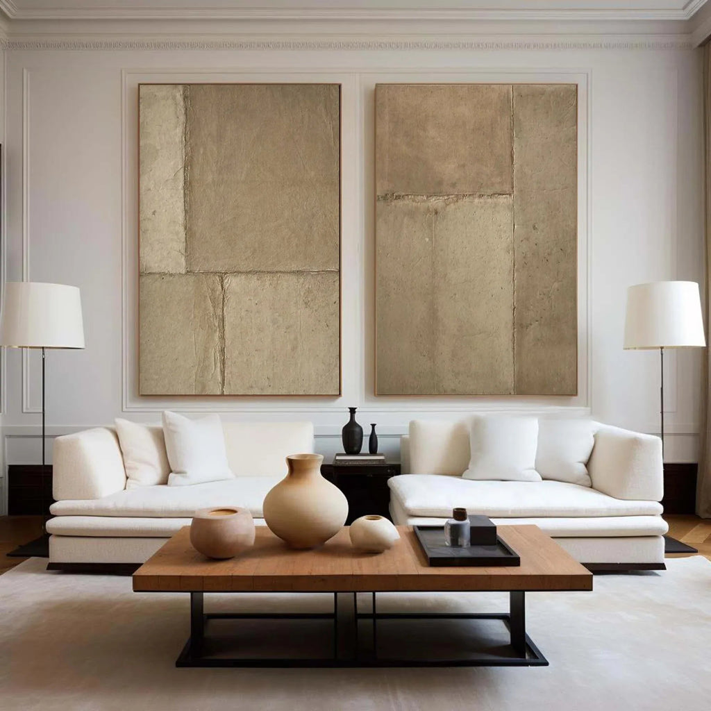 Rustic Harmony-Modern Hand Painted Geometric Light Brown Diptych Abstract Wall Art