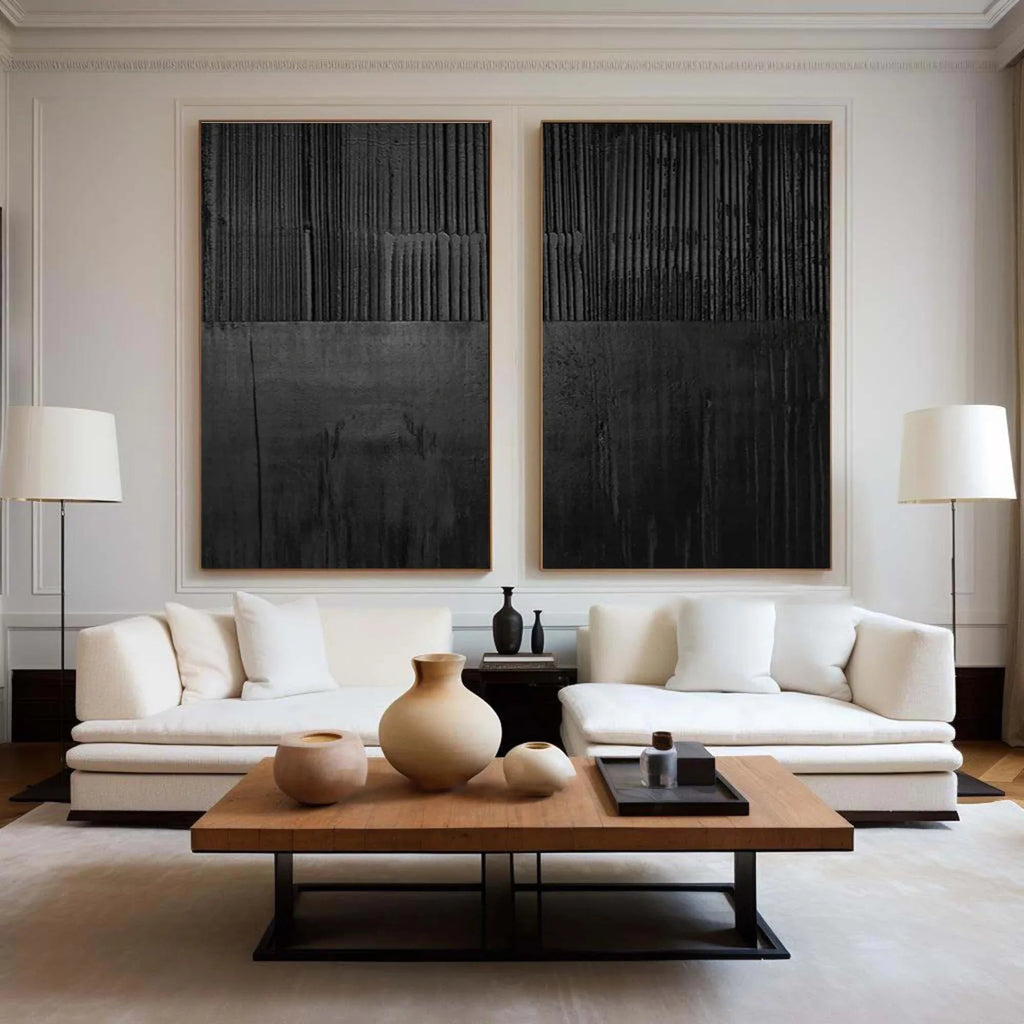 Set of Two Black Textured Abstract Wall Art - Minimalist Design