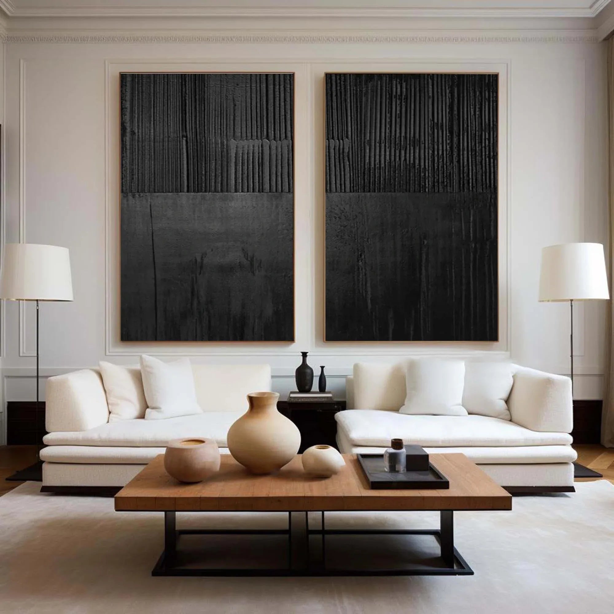 Set of Two Black Textured Abstract Wall Art - Minimalist Design