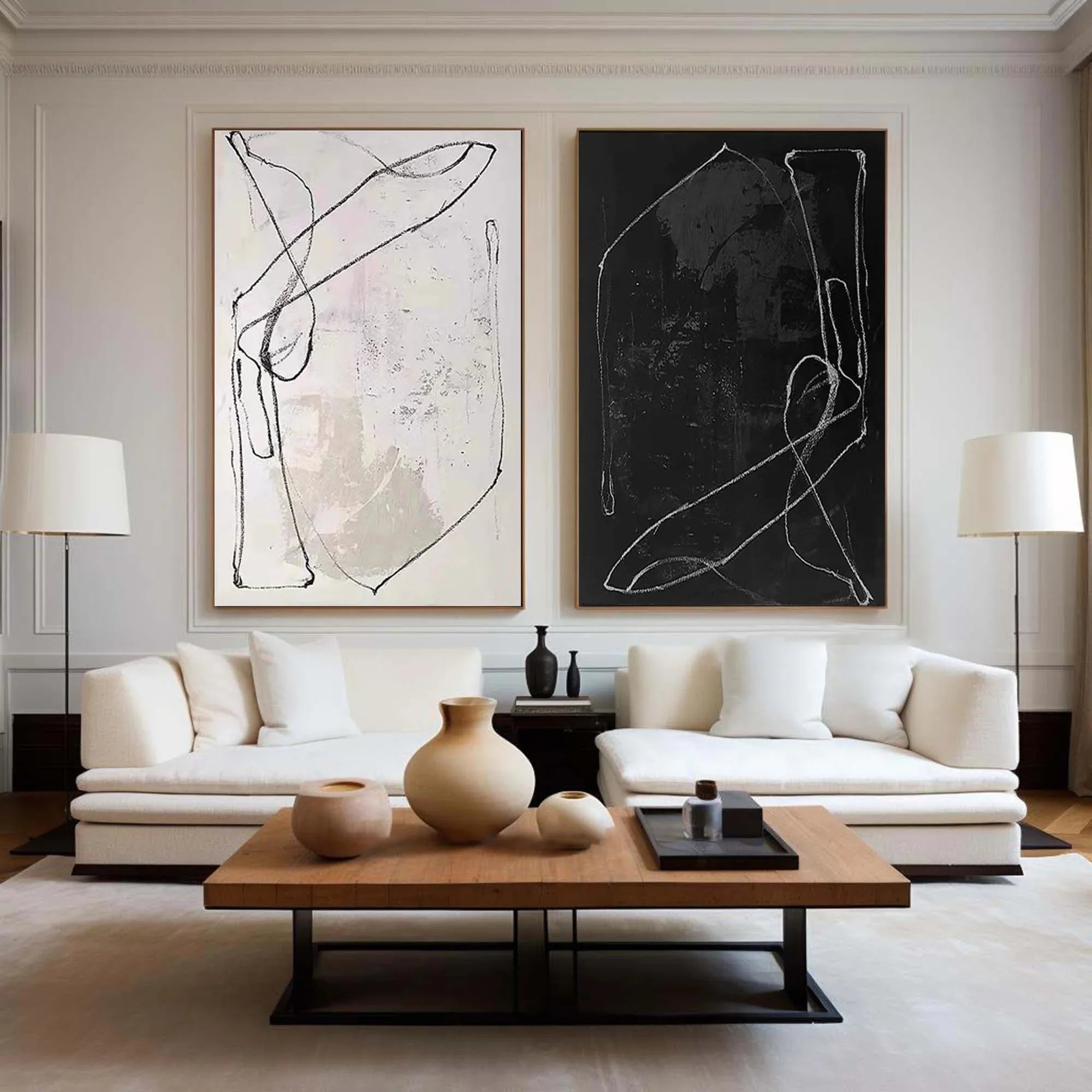 Monochrome Rhythm-Abstract Line Canvas Duo  SET OF 2