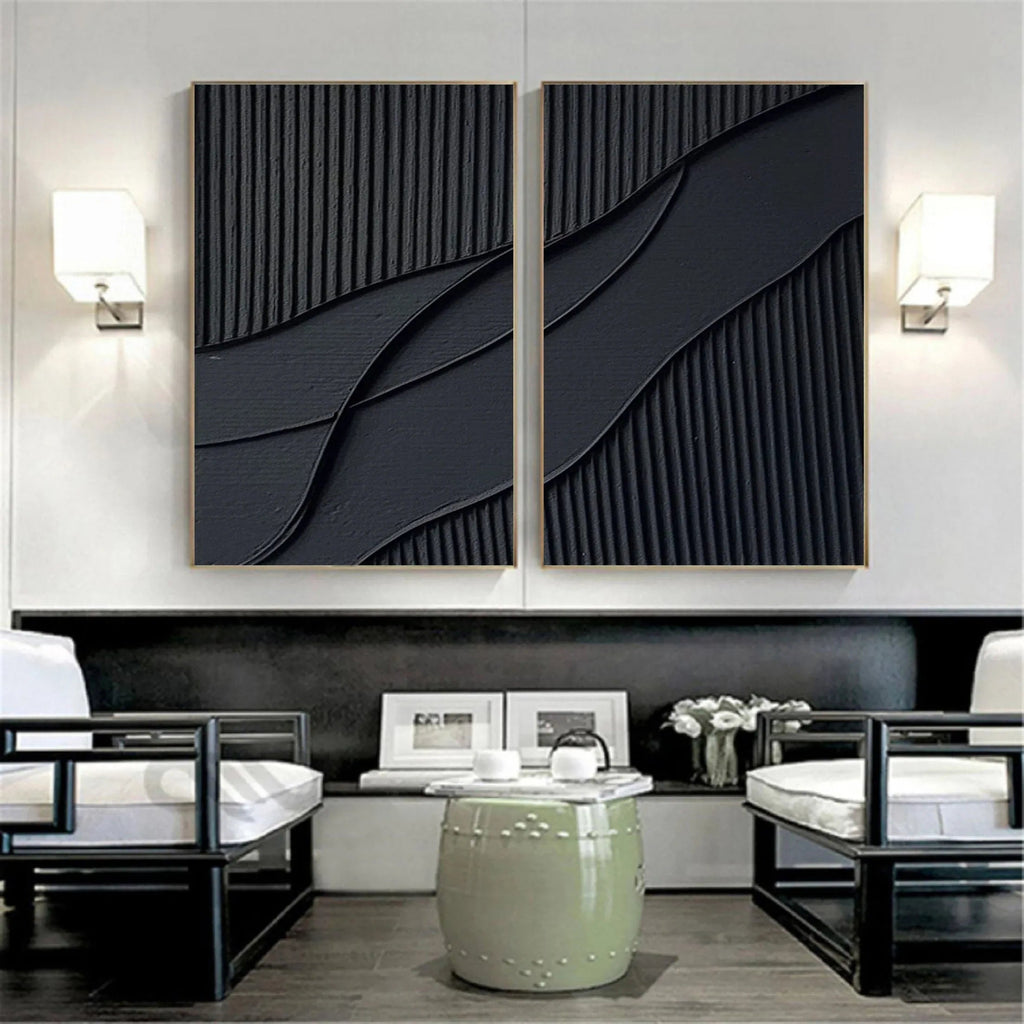 Shadow Waves Abstract Painting SET OF 2-Modern Minimalist Black Textured Abstract Wall Art