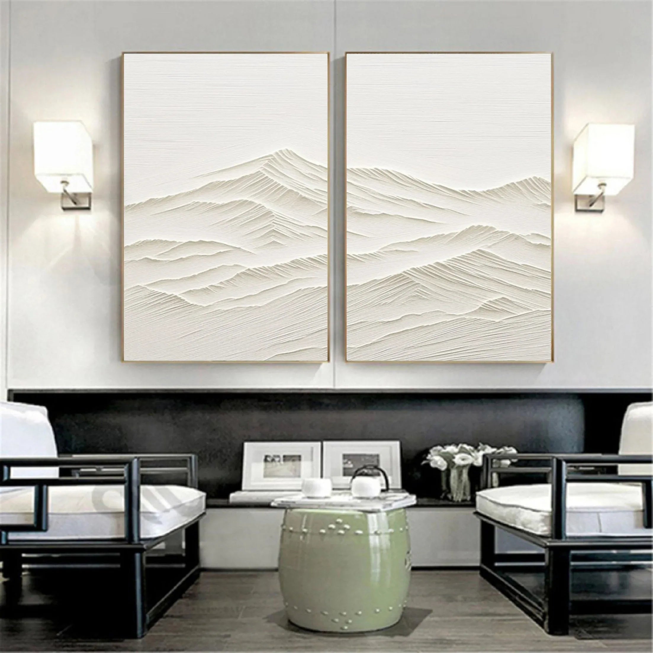 Horizon Drift SET OF 2-Wabi Sabi Style Symmetrical Shallow Rice Mountain Texture Wall Art