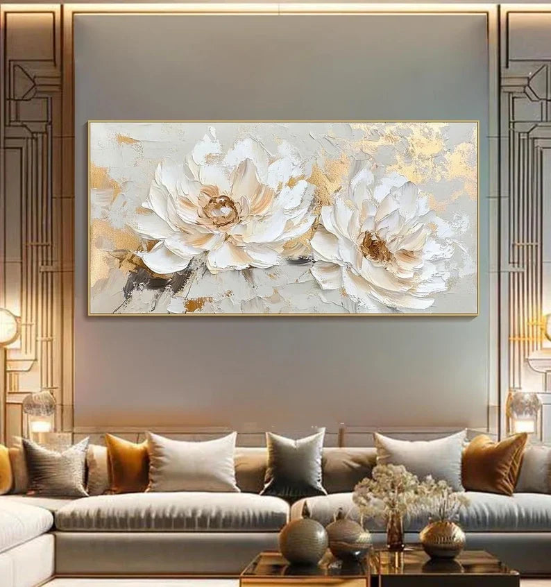 Golden Ivory Blossoms – Modern Hand-Painted 3D Floral Texture Wall Art