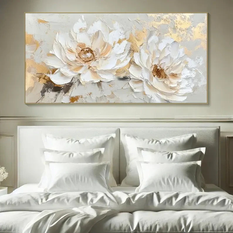 Golden Ivory Blossoms – Modern Hand-Painted 3D Floral Texture Wall Art