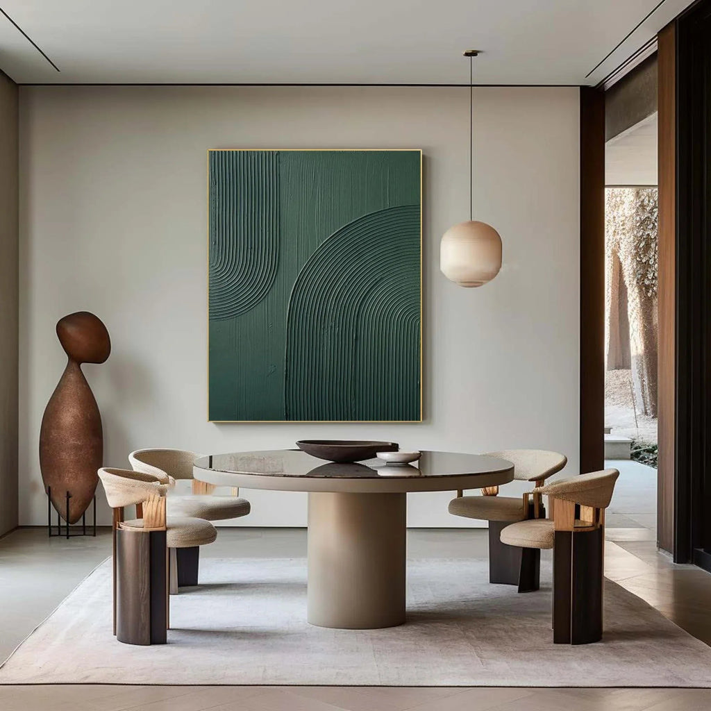 Emerald Echoes-Modern Minimalist Dark Green Curved Abstract Geometric Wall Art