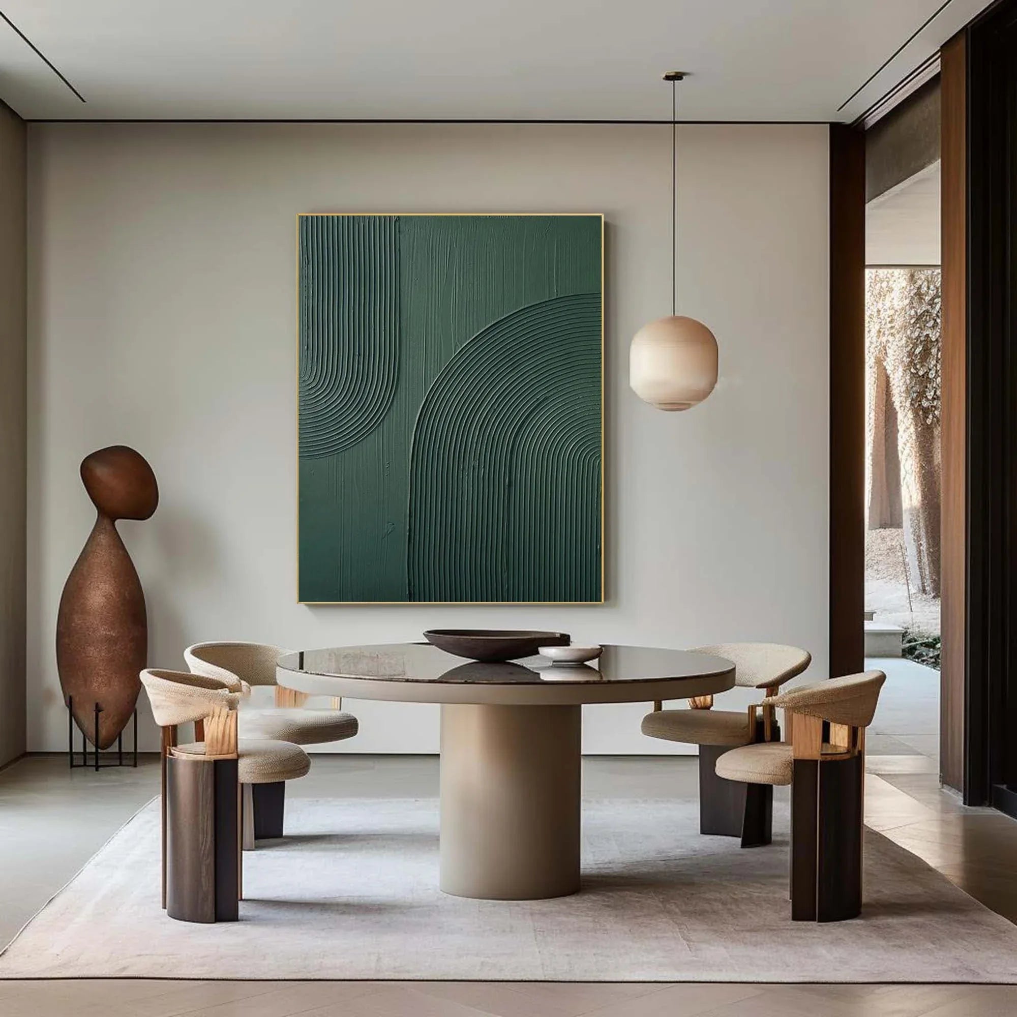Emerald Echoes-Modern Minimalist Dark Green Curved Abstract Geometric Wall Art