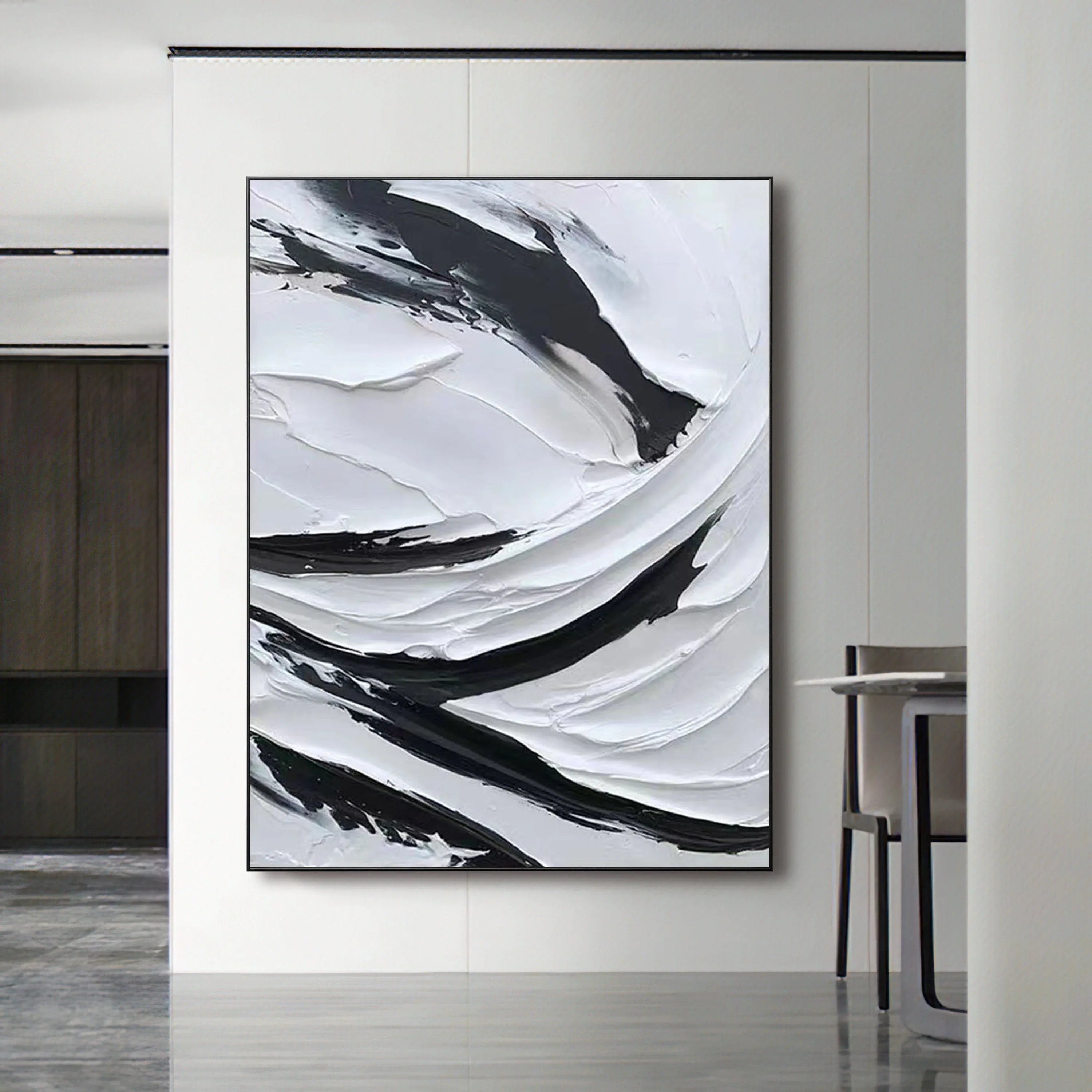 Dynamic Flow-Modern Minimalist Black and White Texture Thick Painted Abstract Wall Art