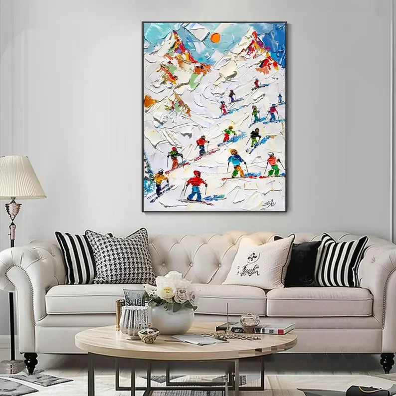 Skiers on Snow-3D Skiing Sport Art Plaster Style Textured Wall Art
