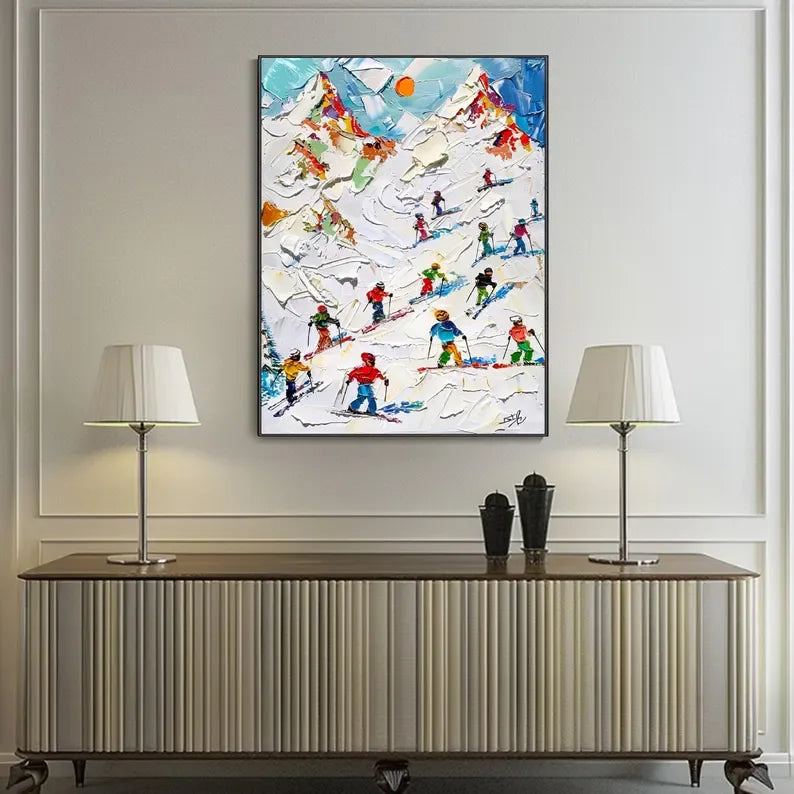 Skiers on Snow-3D Skiing Sport Art Plaster Style Textured Wall Art