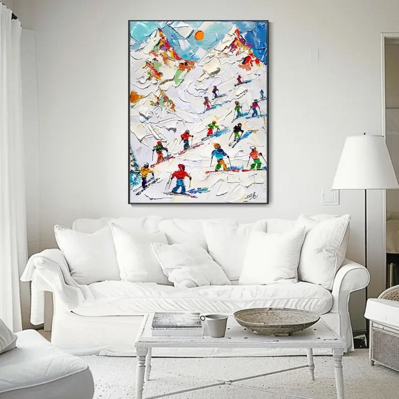 Skiers on Snow-3D Skiing Sport Art Plaster Style Textured Wall Art