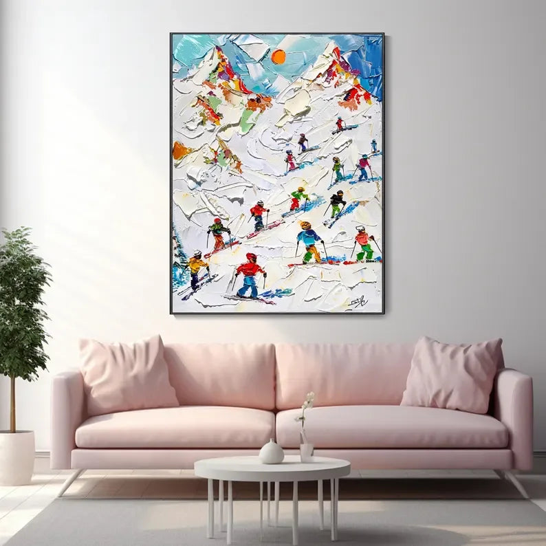 Skiers on Snow-3D Skiing Sport Art Plaster Style Textured Wall Art