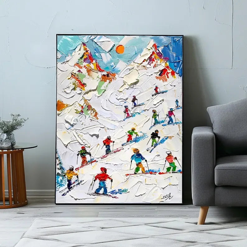 Skiers on Snow-3D Skiing Sport Art Plaster Style Textured Wall Art